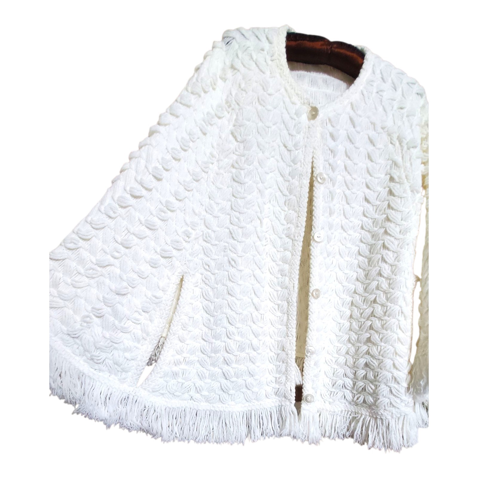 Vtg Fringed Sweater Poncho Cape Women’s OS Acrylic Knit Shawl With Arm Holes