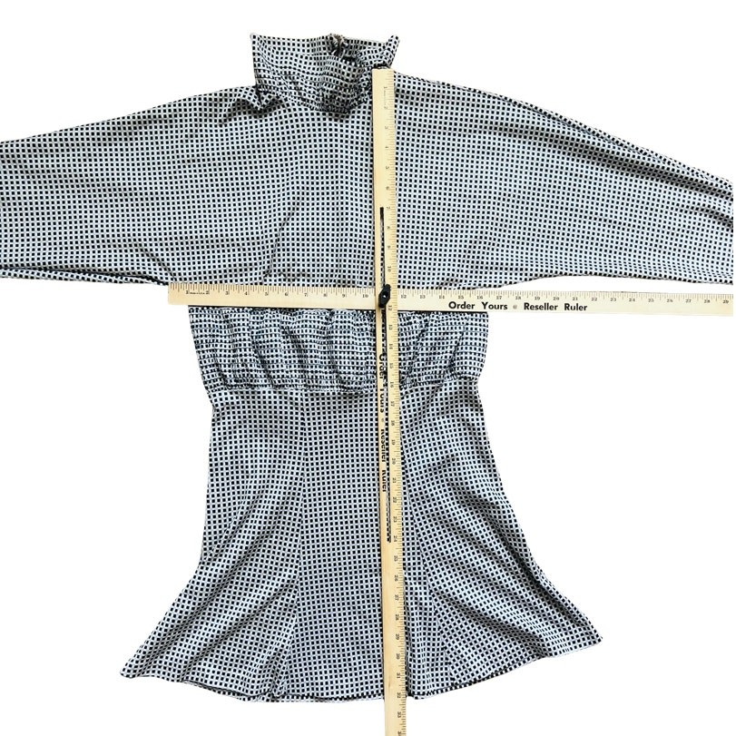 Vintage 70s Check Squares Shirred Blue Cream Tan Turtleneck Dress size S / M