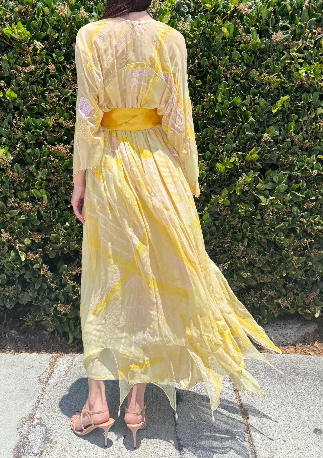 Vintage ZANDRA RHODES Iconic Silk Chiffon Gown 6 Yellow Hand Painted 1970’s Midi