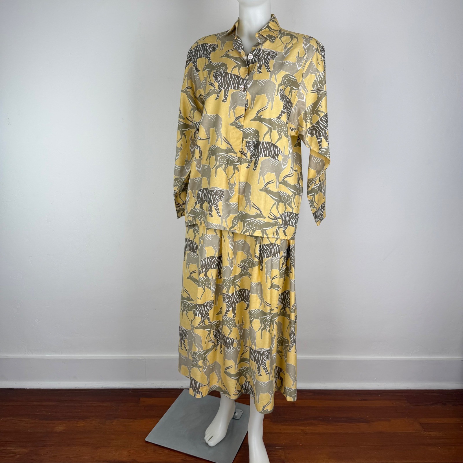 Vintage 80s Lorch Safari Print Top Skirt Set Yellow Cotton Animal Print Belted