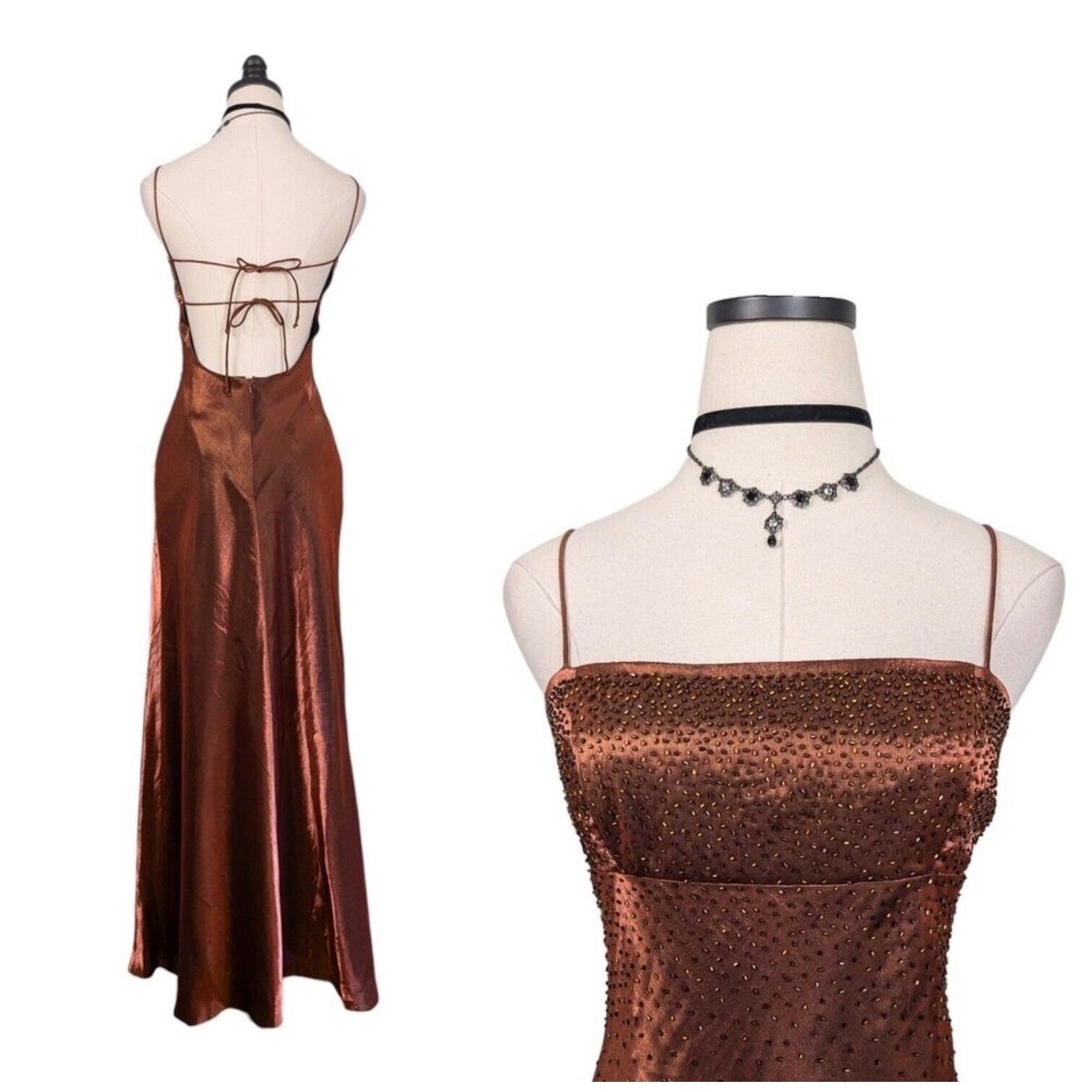 Morgan and Co Linda Bernell Vintage 90s Beaded Iridescent Copper Maxi Dress 5/6