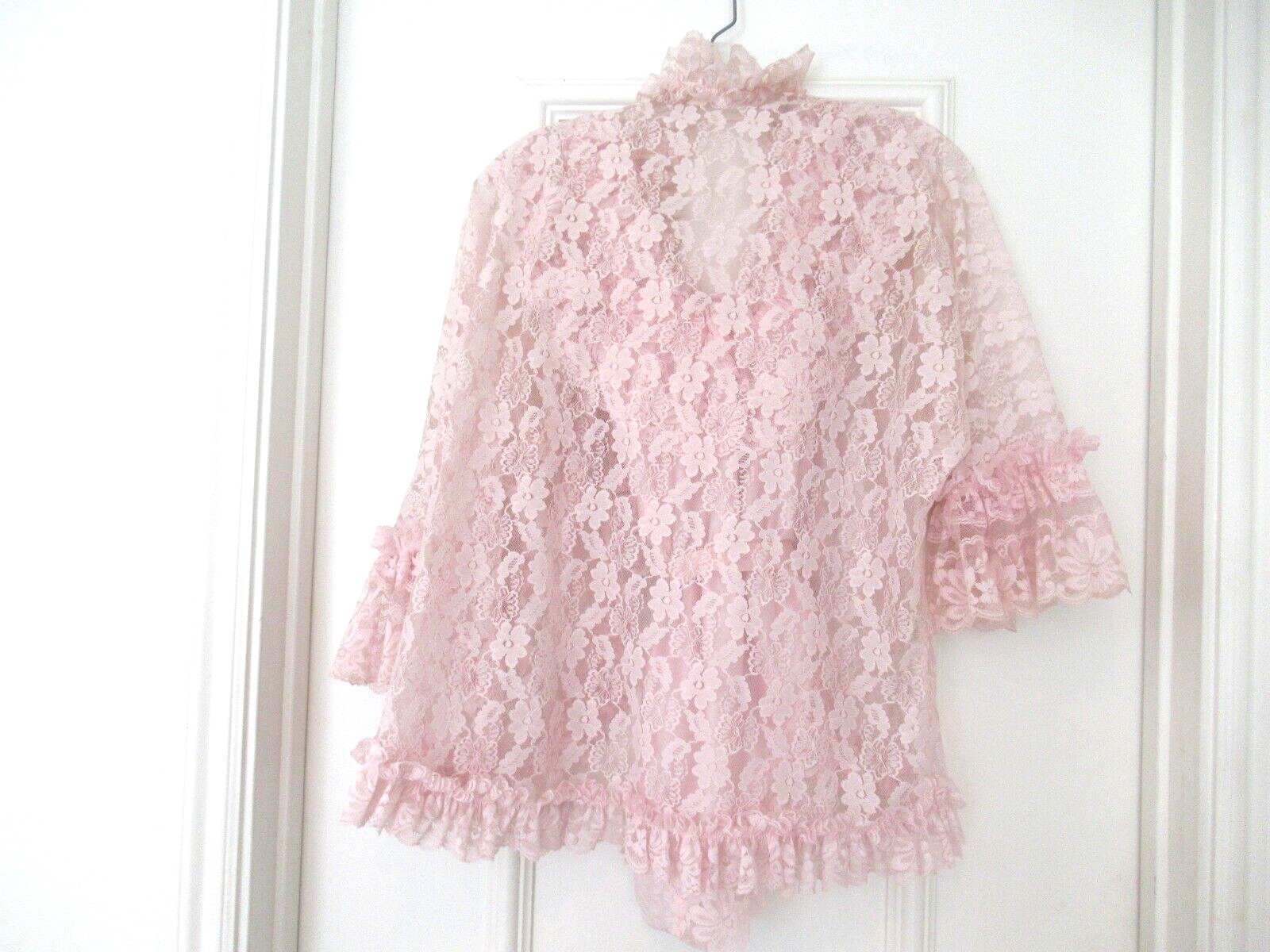 DELORES Poirette ILGWU Pink Silky Lace Teddy Romper Bodysuit Cover-up Small NEW