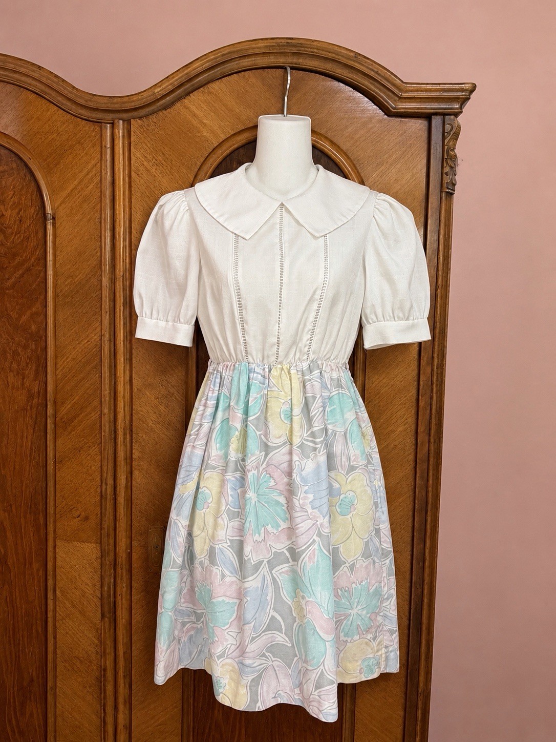 VTG 80s Pastel Floral Peter Pan Collar Dolly Lolita Dress Girls 14 Women’s XS