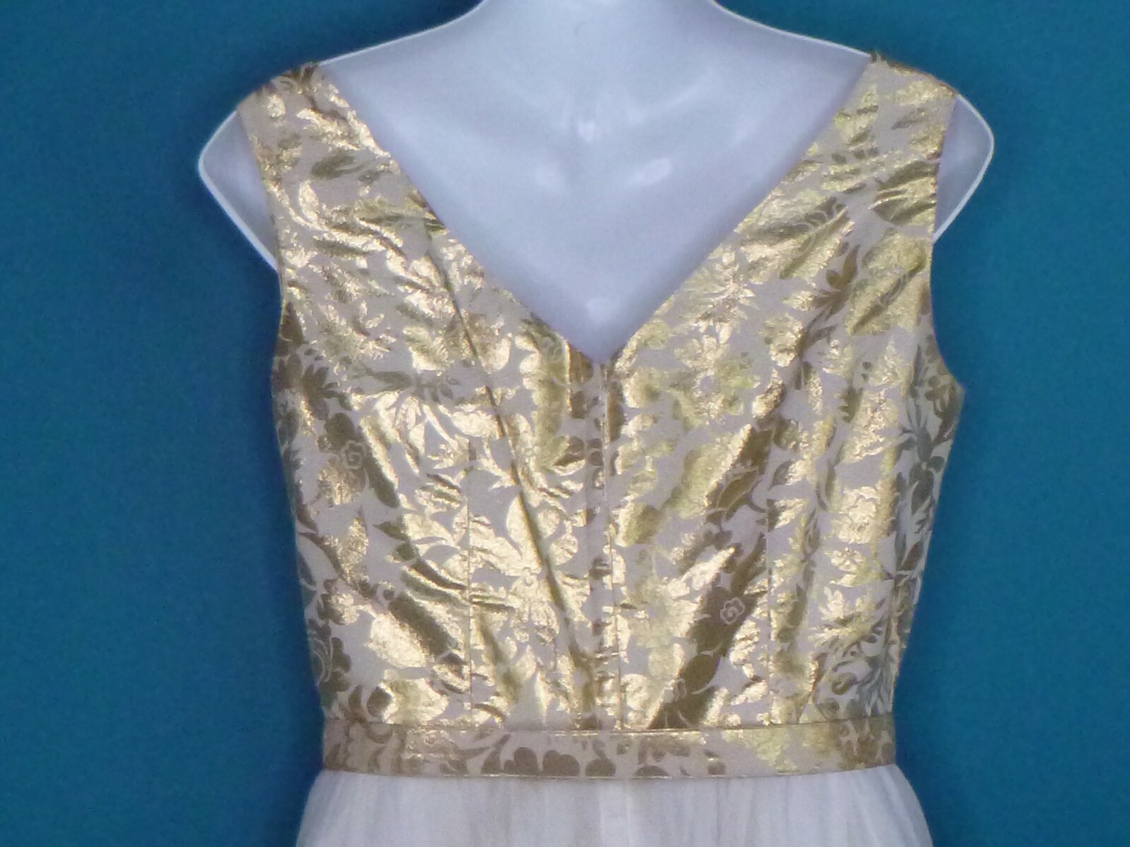 Vtg 60s Party Dress Gold Metallic Floral Bodice & Belt Cream Chiffon Skirt Sz 13