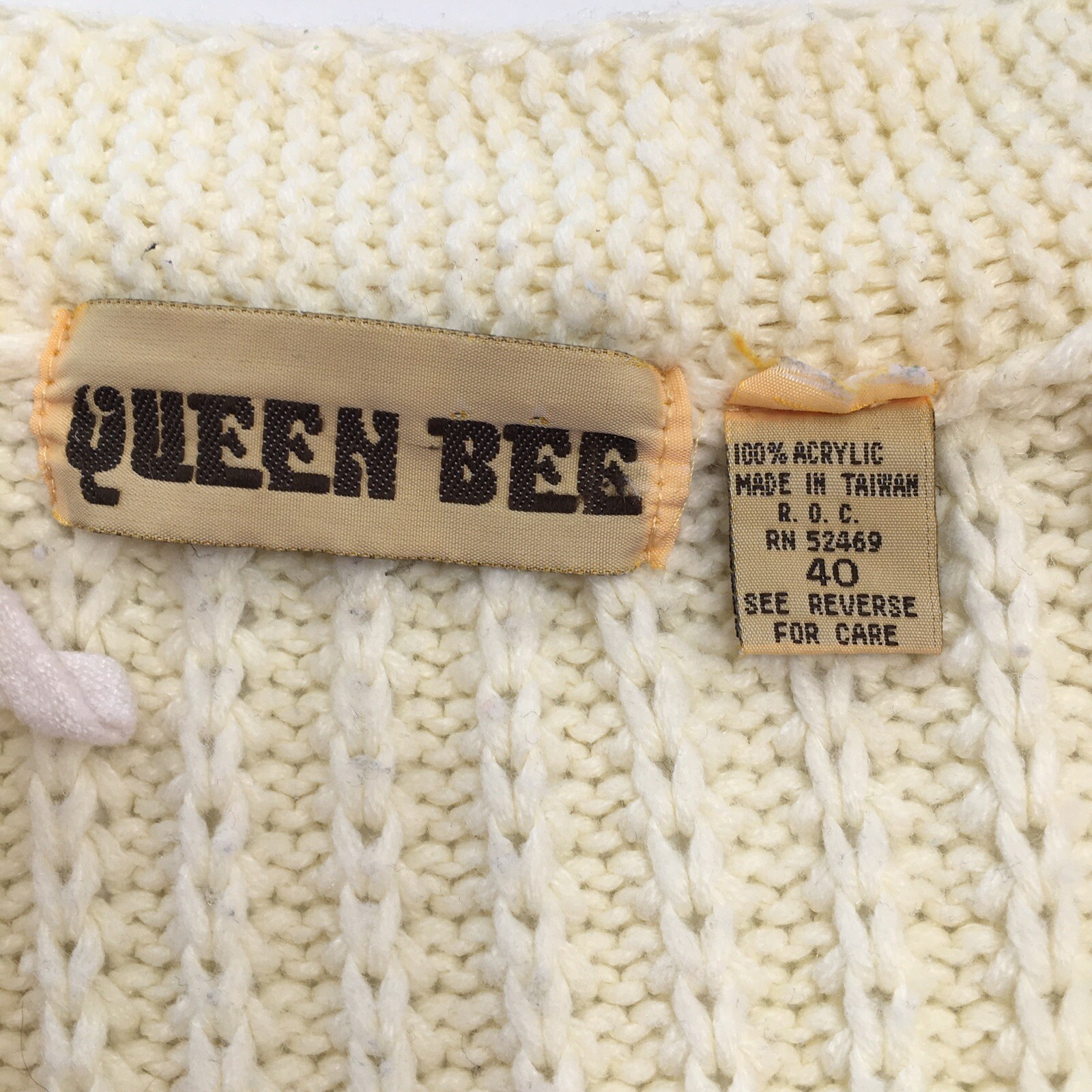 Queen Bee Womens Open Front Acrylic Off White Sweater Jacket Sz L/XL Vintage