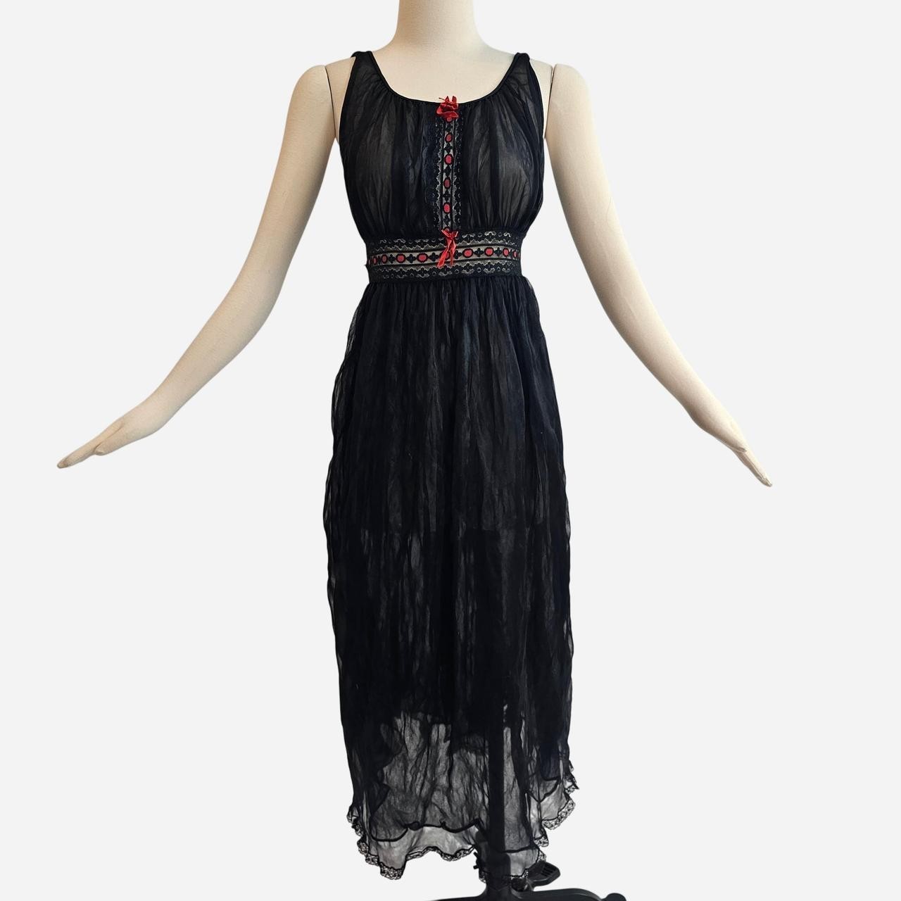 Vintage 1960s Black Lingerie Nightgown Slip Dress Red Lace Chiffon 60s Avian