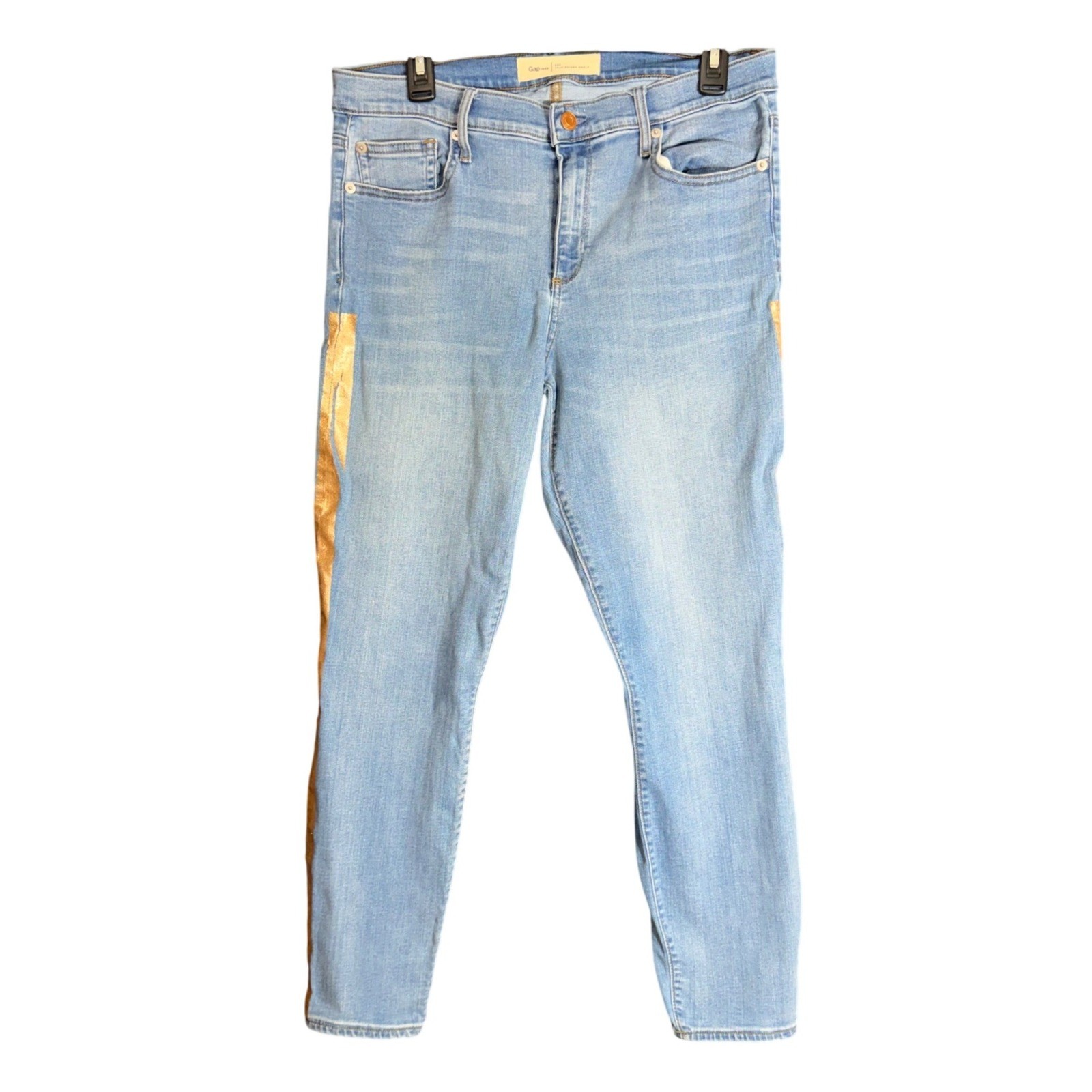 Gap 1969 Womens Size 32R True Skinny Ankle Jeans Blue Denim Gold Metallic Stripe