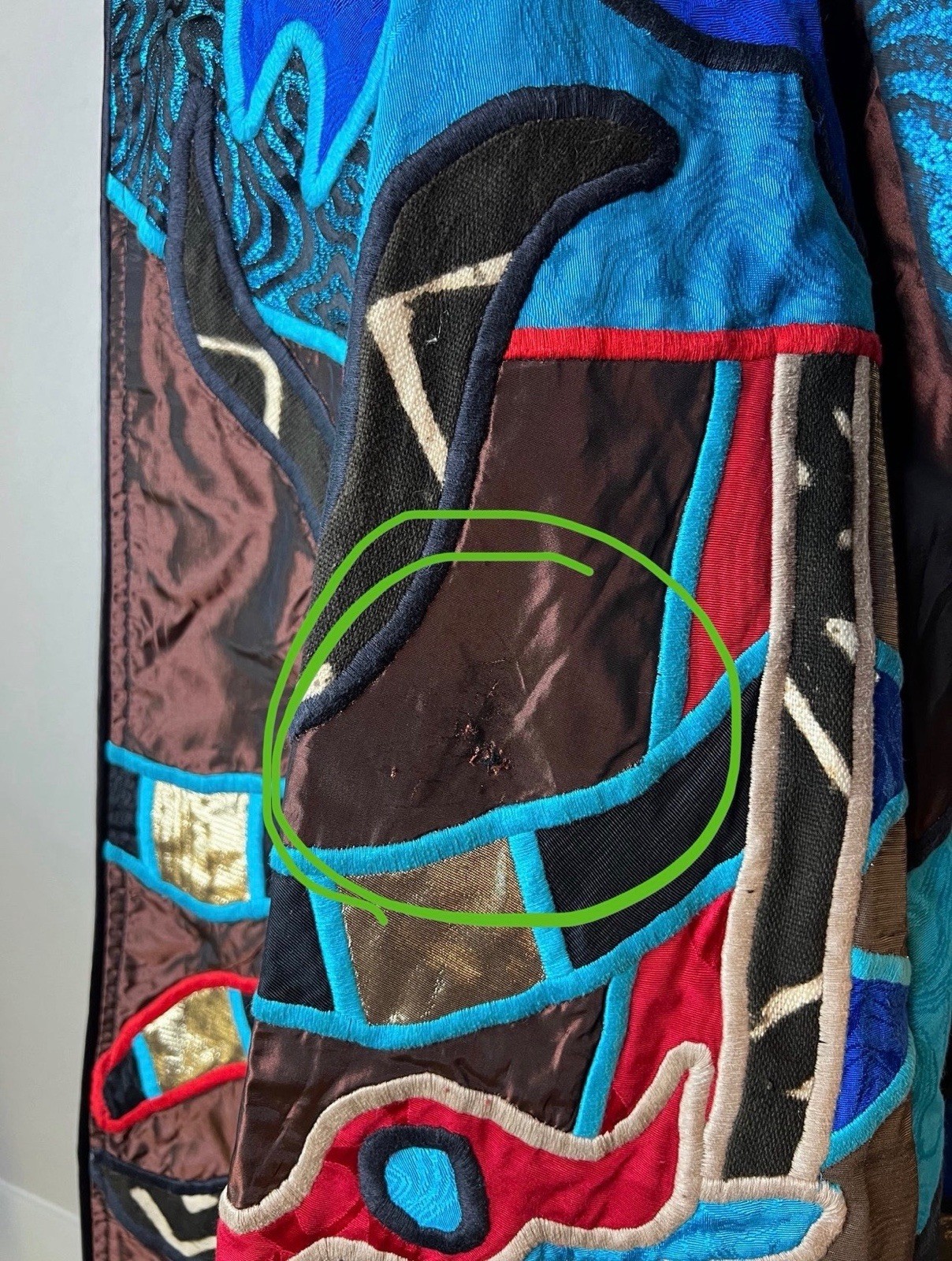 Vintage 80s Judith Roberts Patchwork Mermaid Embroidered Mudcloth Long Coat