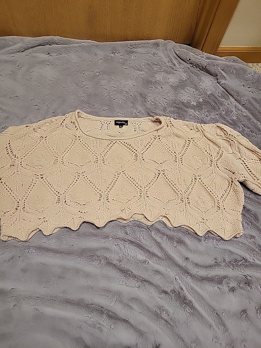 Originality Crochet Crop Top Women XL Cream Soft Boho Coverup Sweater Festival