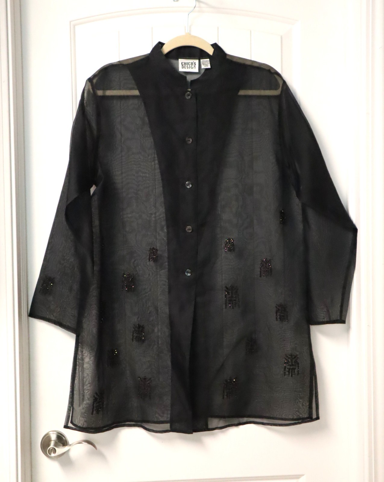 Vintage 1980s Chicos Design 100% silk embellished black sheer buttons up dress 2