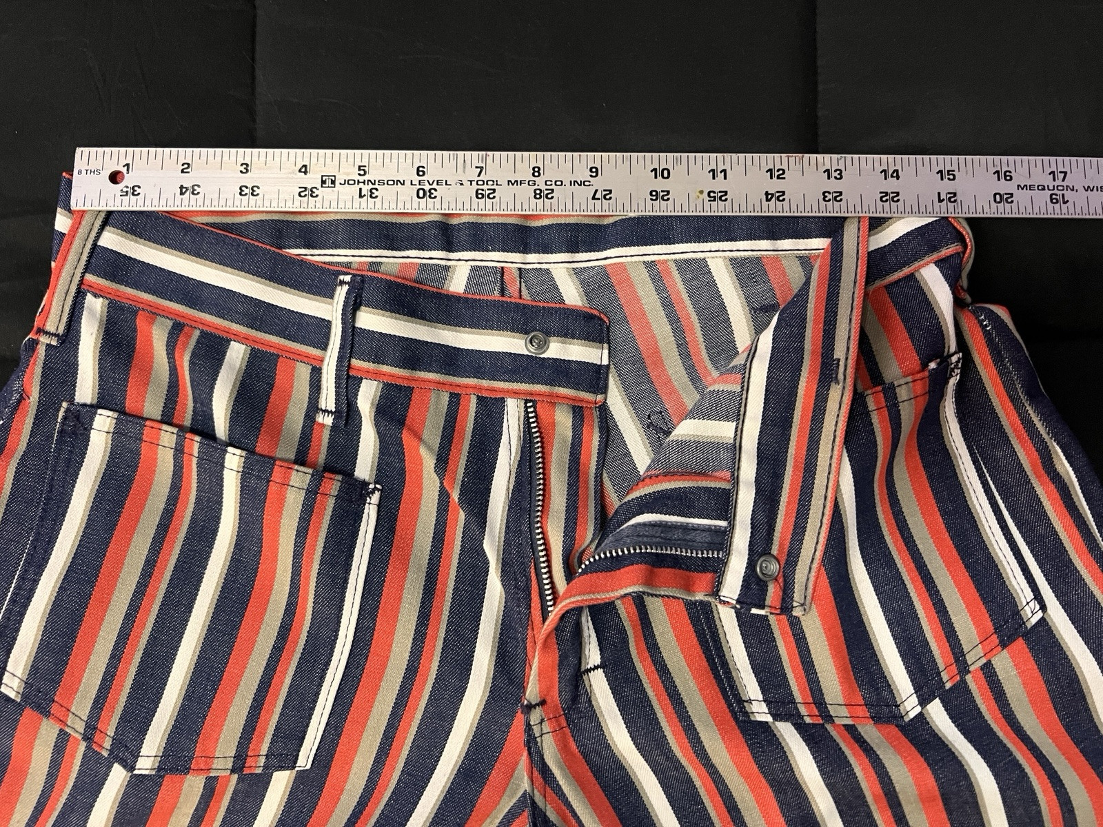 Vintage 70s Handmade Pants Black Orange & White Stripes 30×29