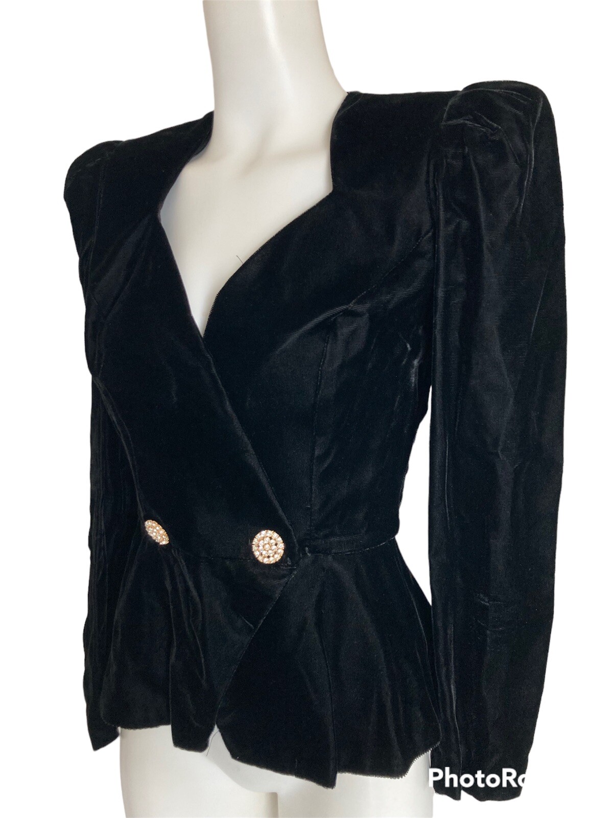Vintage 80’s Black Velvet Mutton Sleeve Peplum Blazer Rhinestones Bow Sz S 4-6