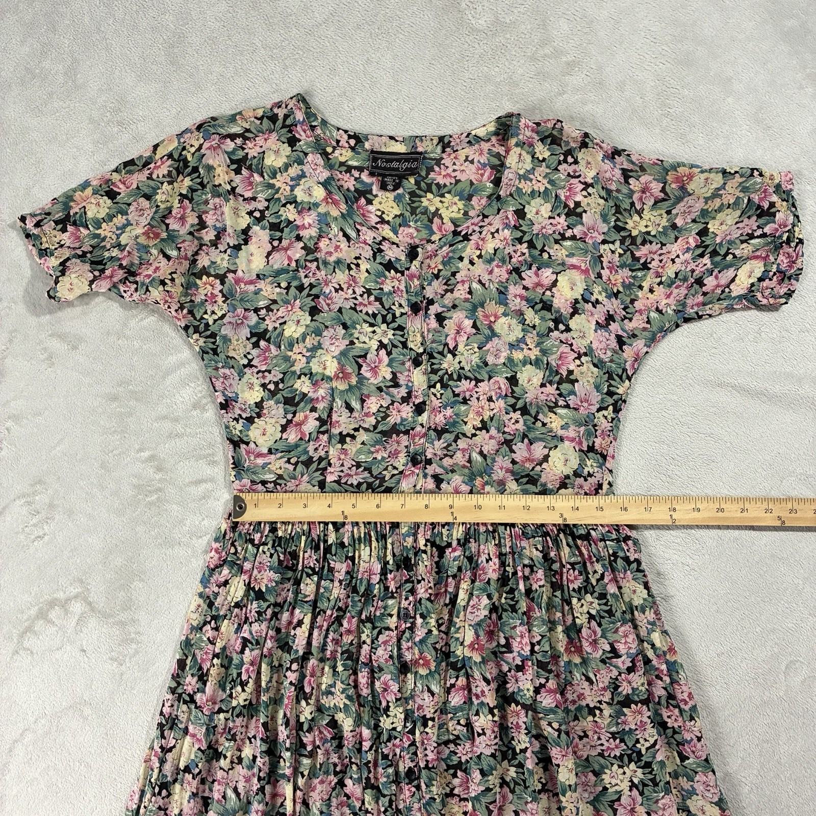VTG 90s Nostalgia Sheer Floral Short Sleeve Button Up Maxi Dress Womens M Grunge