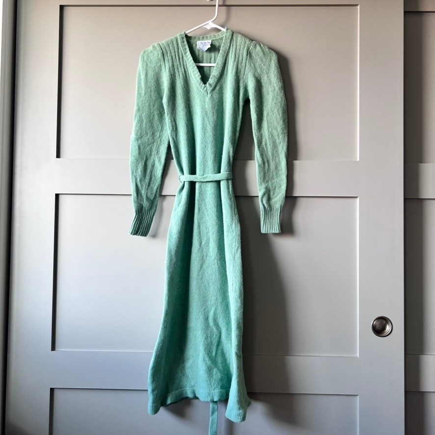 Panacea Vintage Knit Dress Womens Small Green Lambswool Angora Midi Belted VNeck