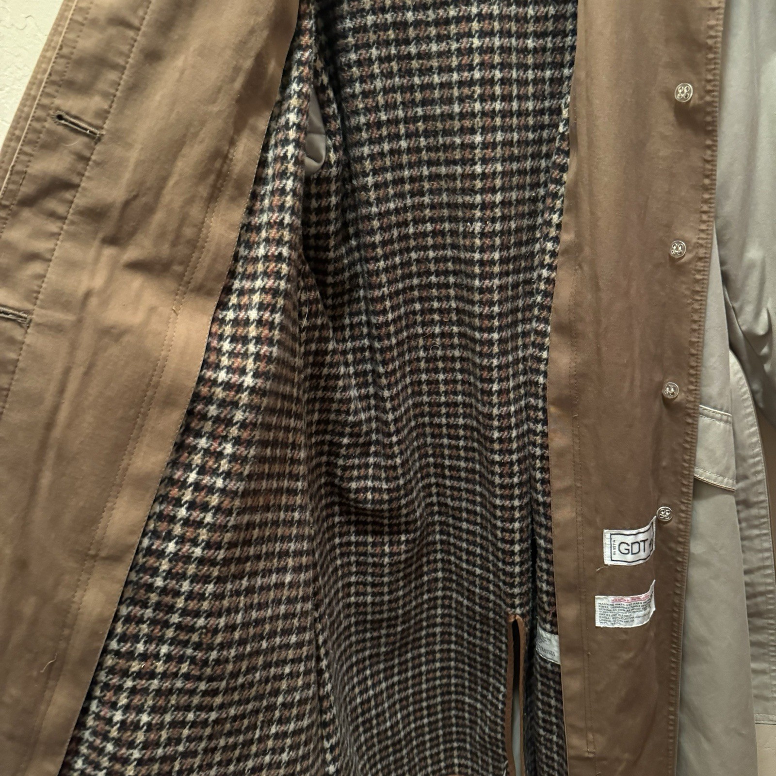 Vtg Trench Coat Maxi Tan Pockets Removable Hood/Lining (Wool Blend) GDT TOO