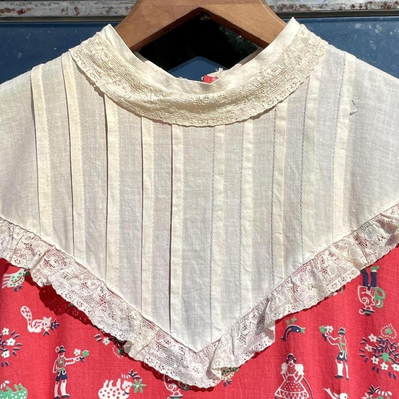 early 40s red cotton folk novelty Dutch girl & boy prairie dress pin tuck yoke
