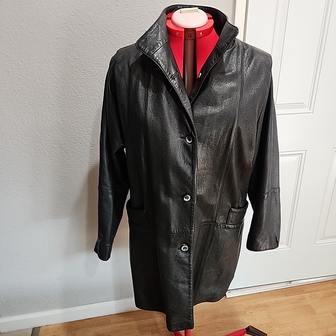 Vintage Leather Jacket Womens S Black Mid Length Trench New England Sportswear