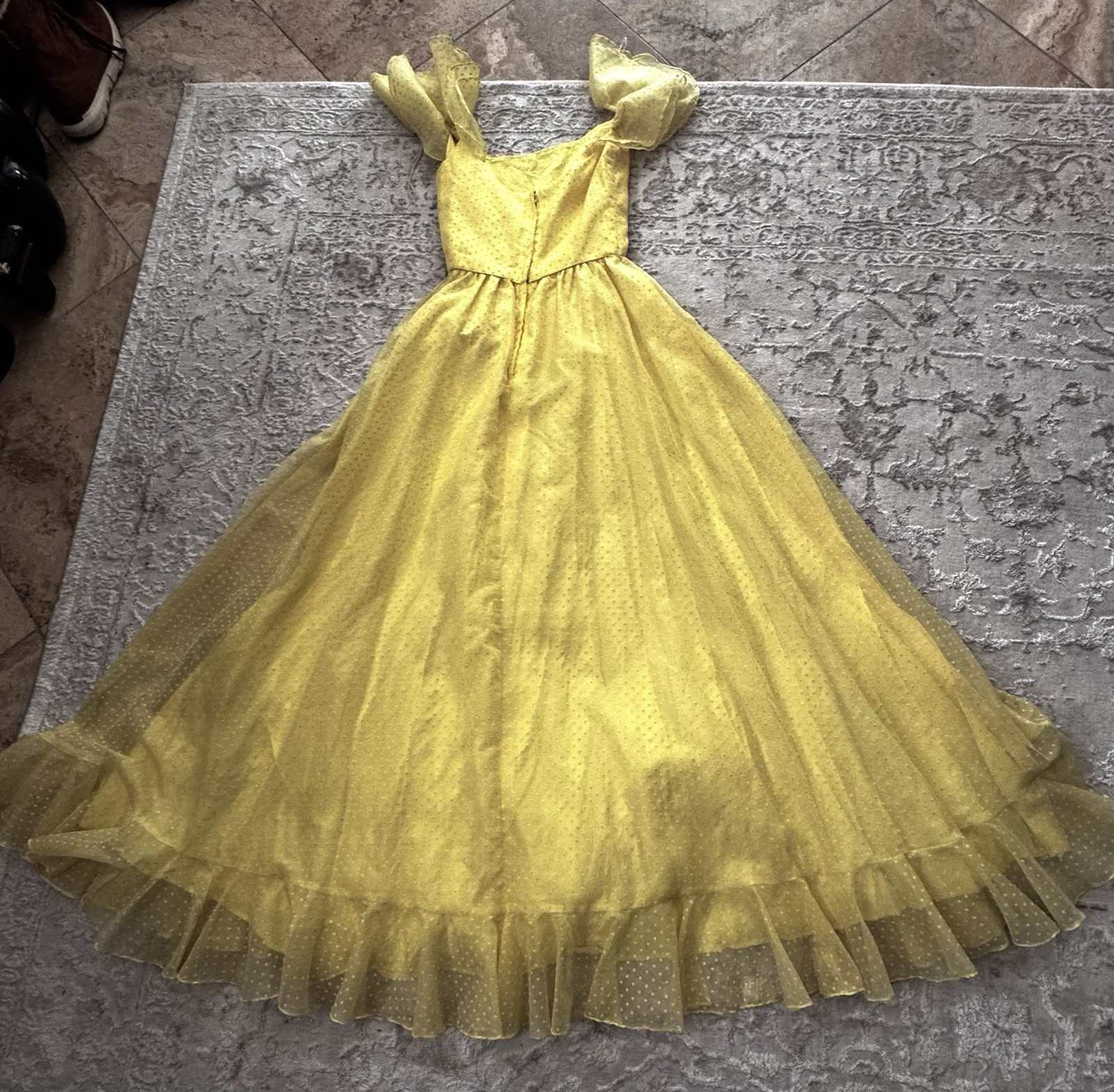 Vintage 1950s Yellow Swiss Dot Tulle Gown with Ruffle Sleeves and Lace Trim