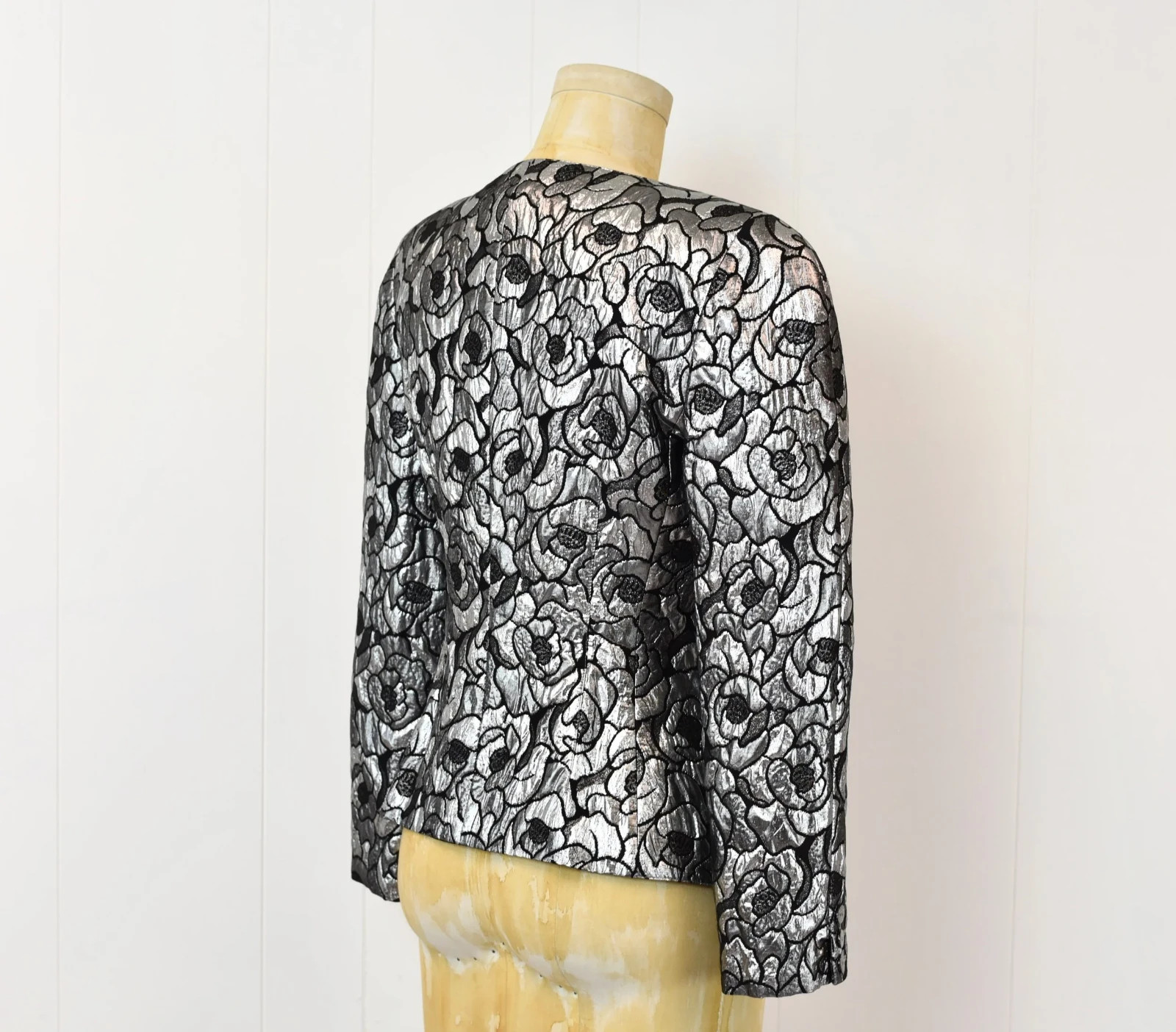 Vintage 1980s Krizia Metallic Silver Black Floral Lurex Blend Jacket Blazer