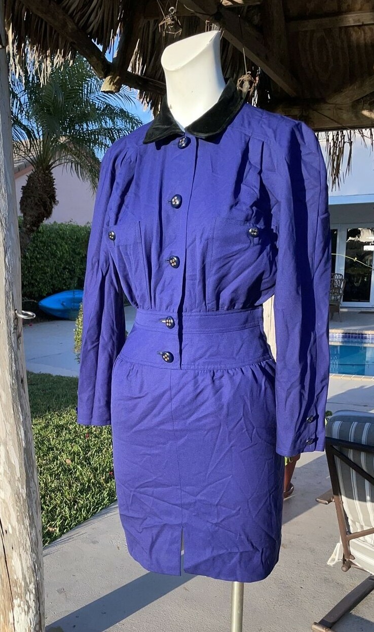 VINTAGE MISS V VALENTINO BLUE BLACK VELVET COLLAR BUTTON FRONT DRESS Sz 38