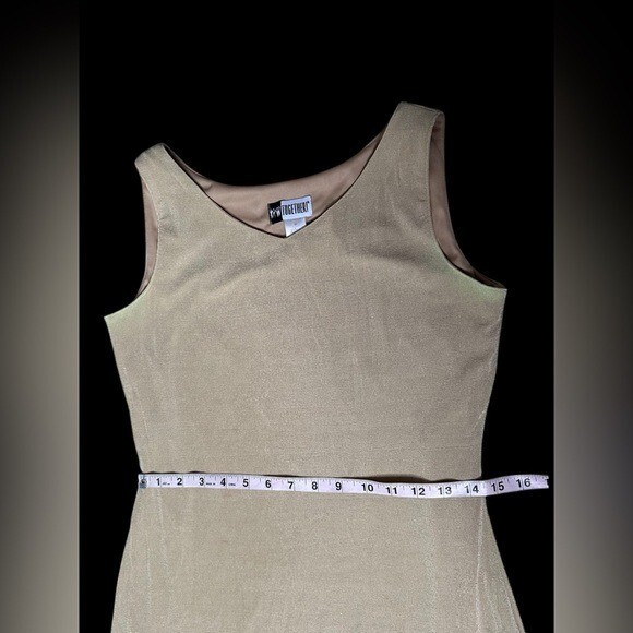VTG 80s TOGETHER! Metallic Gold Bodycon Flapper Fringe Dress M USA Nylon Spandex