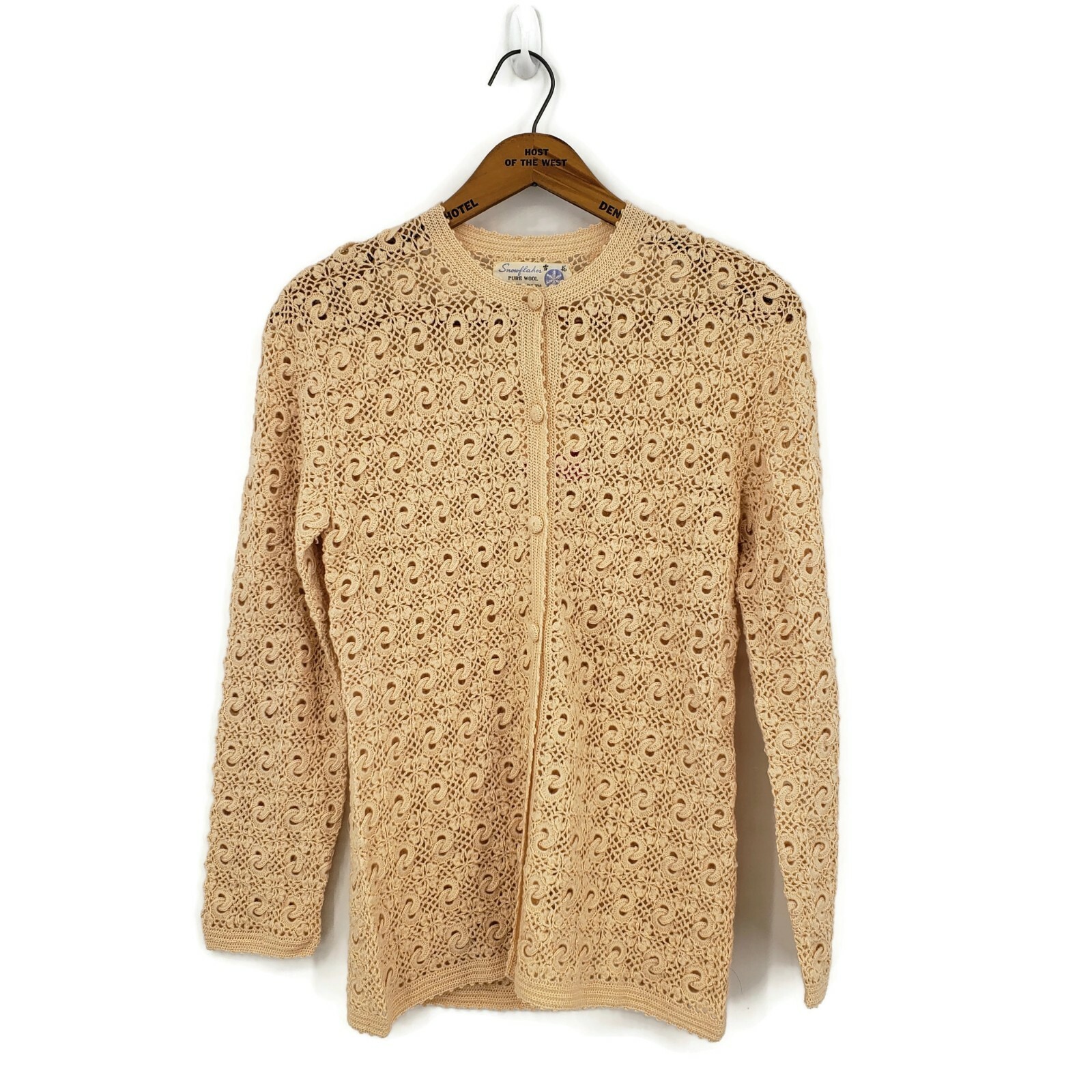 Vtg Deadstock Snowflakes Knit Wool Cardigan Sweater Womens Small Ivory Beige