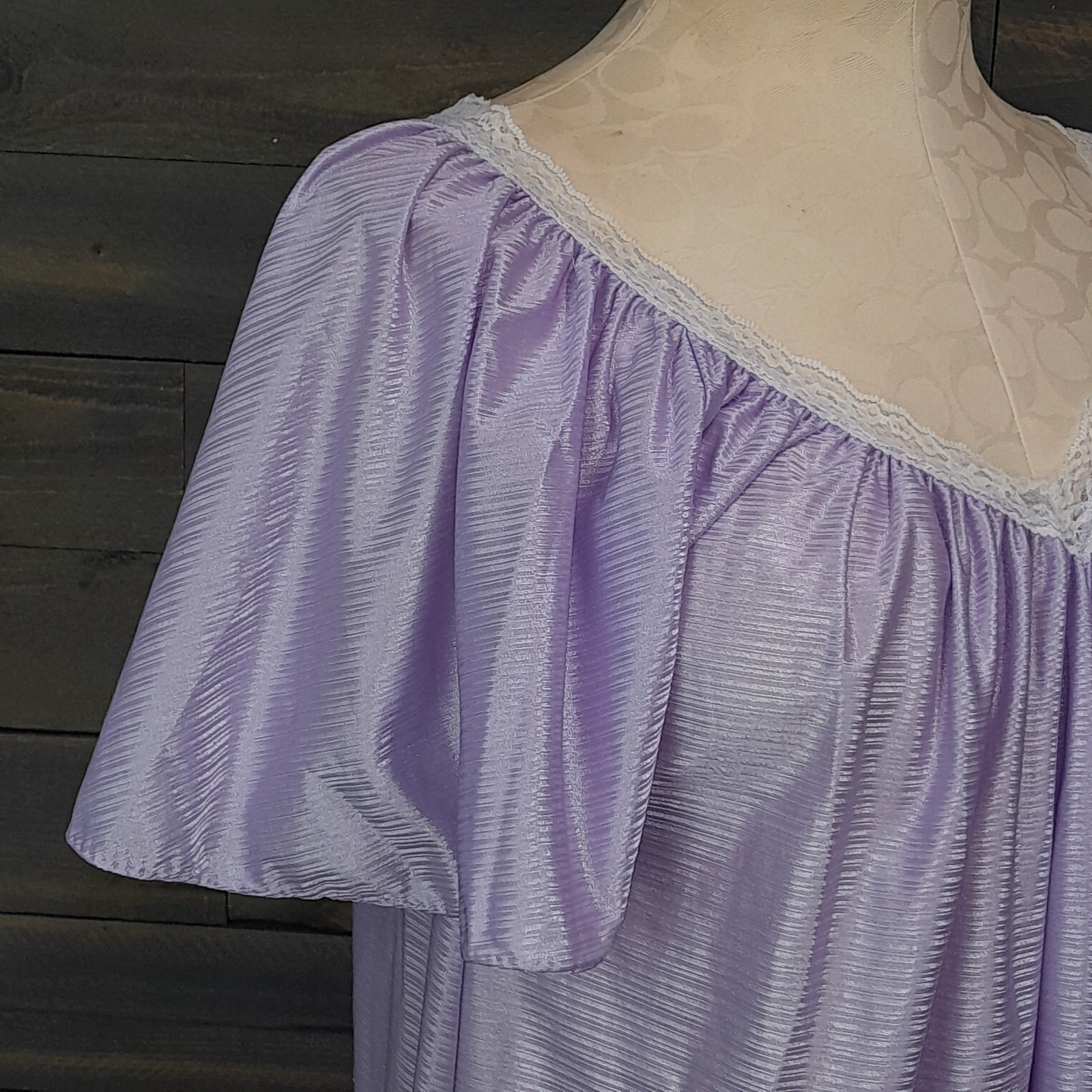Vintage Elana Nightgown Lavender Nylon One Size Shiny Shimmer Lace Trim Made USA