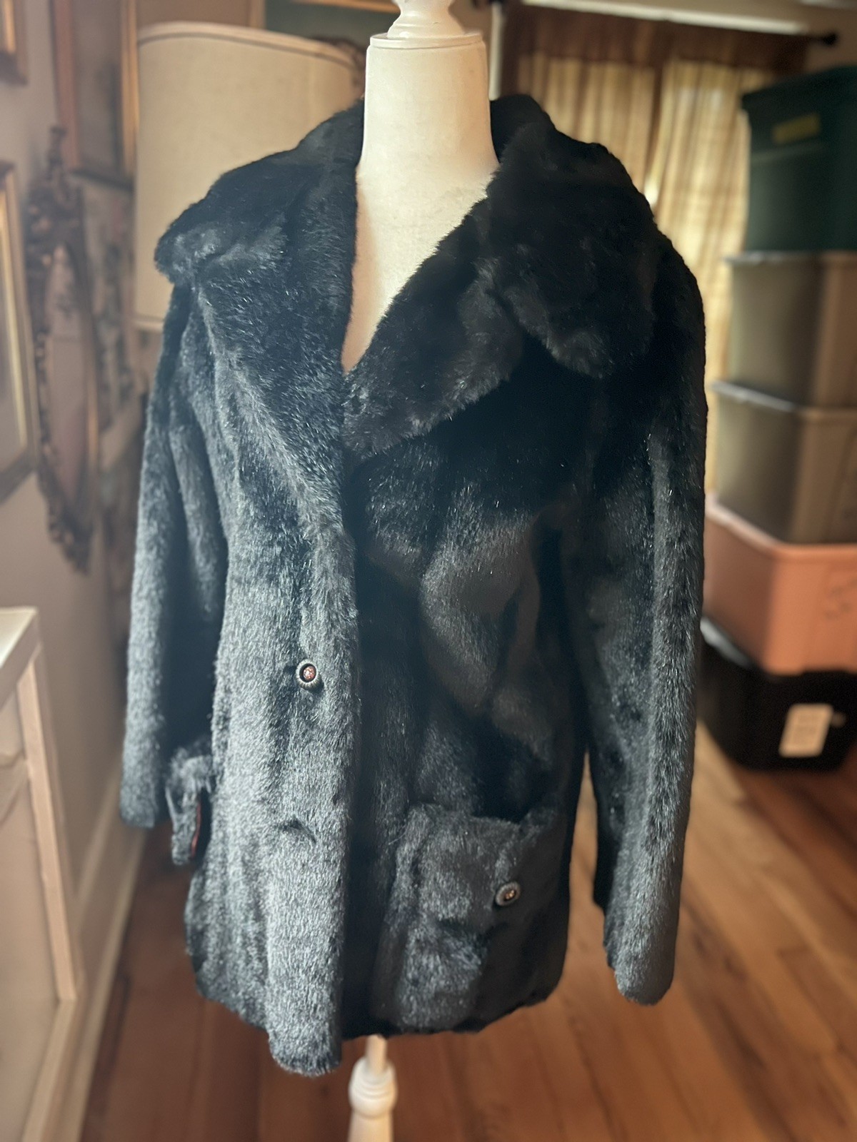 Vintage 60s Custom-Made Black Mink Faux Fur Coat SIZE Small Cocktail Classy