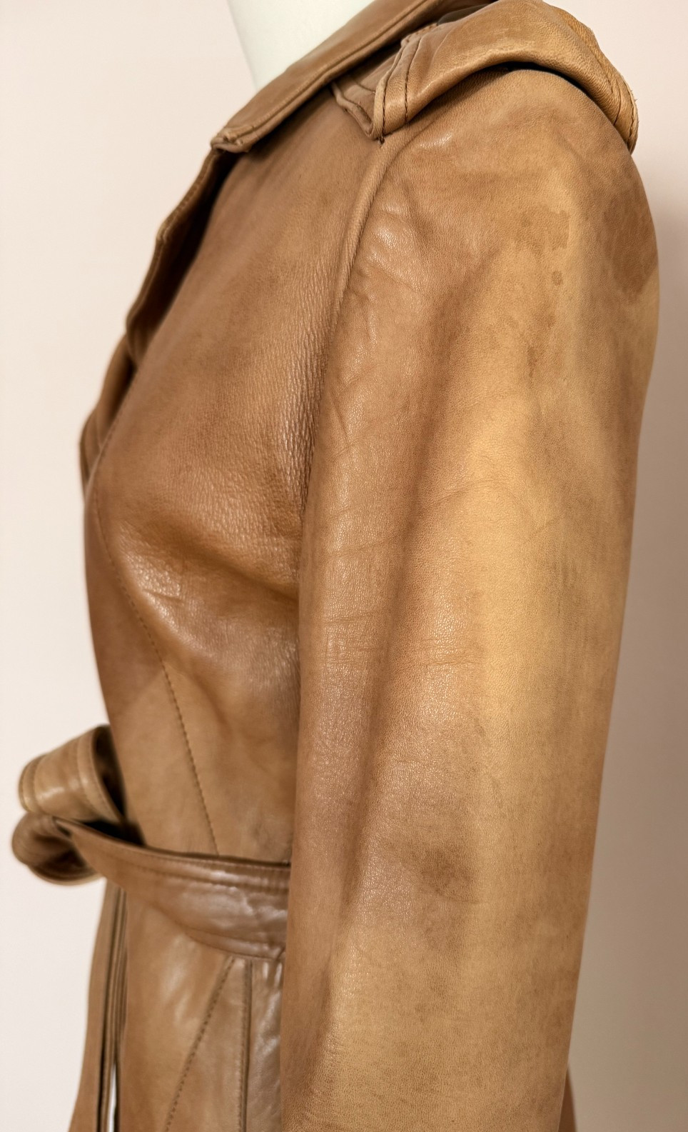 Vintage 100% Leather Trench Coat XS XXS Tan Belted Jacket Handmade in Mexico