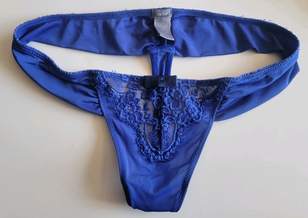 Vintage Aerie Second Skin Satin Thong Panties Blue Low Rise