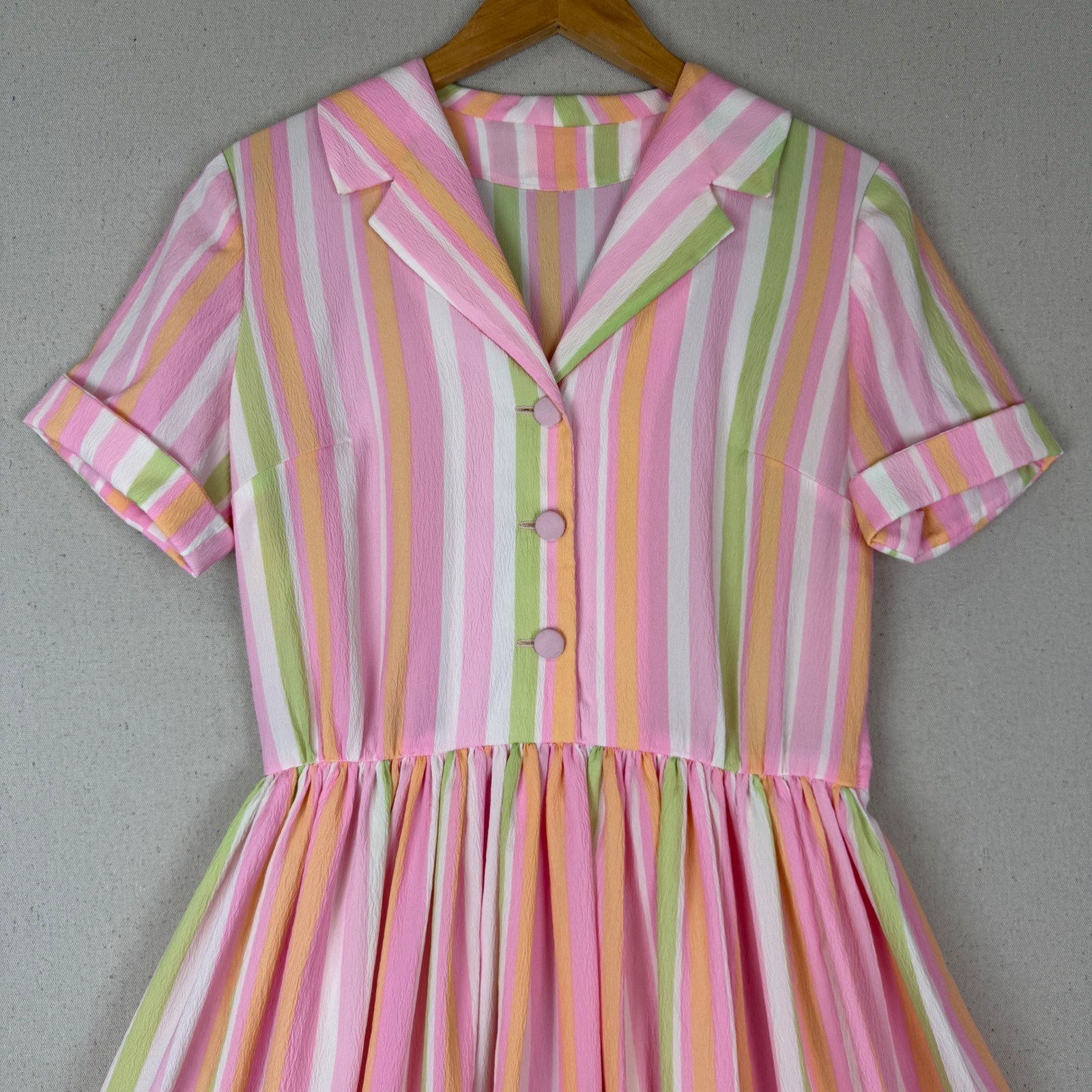 Vintage Pink Green Striped Fit & Flare Dress with Belt Short Sleeve Retro VTG