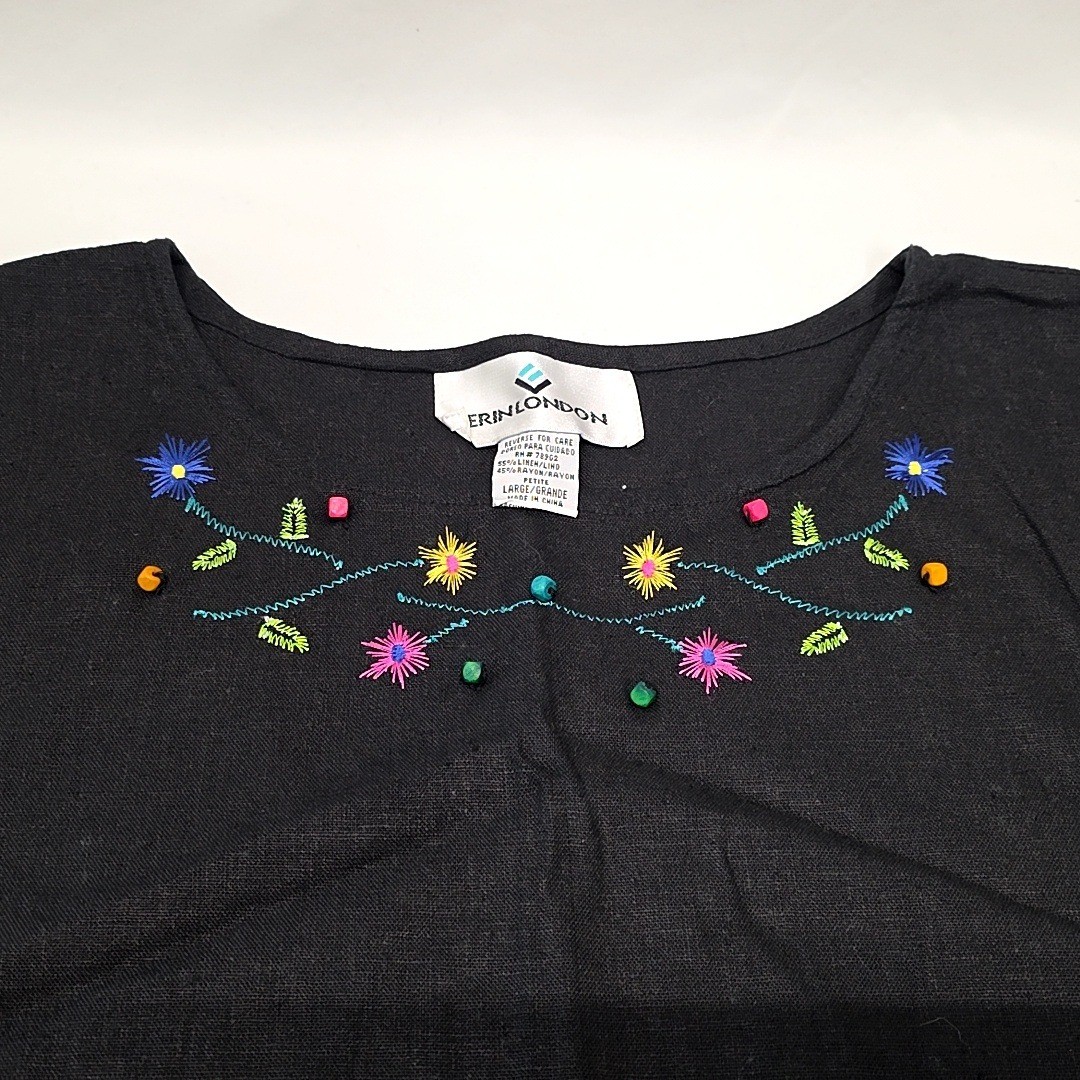Vtg Erin London Tank Top Women PL Black Linen Blend Floral Embroidered Beaded