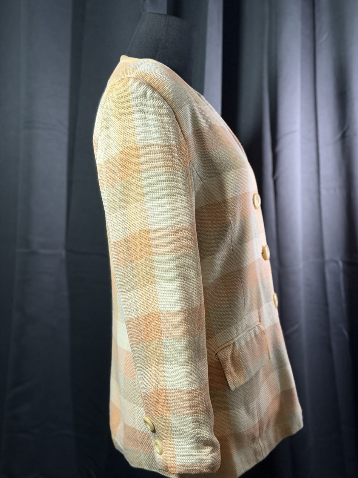 Vintage Sterling Cooper Petite 10 Plaid Blazer Peach Cream Shoulder Pads