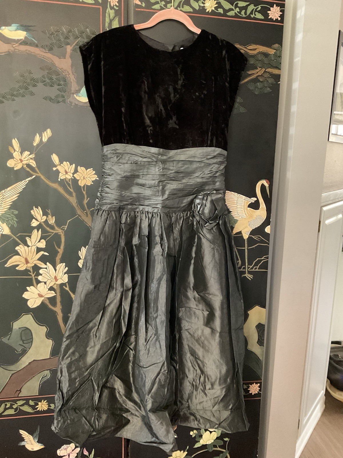 Patty O’Neil Vintage Black Velvet Gray Taffeta Prom Dress Ruched Waist Sz 11/12