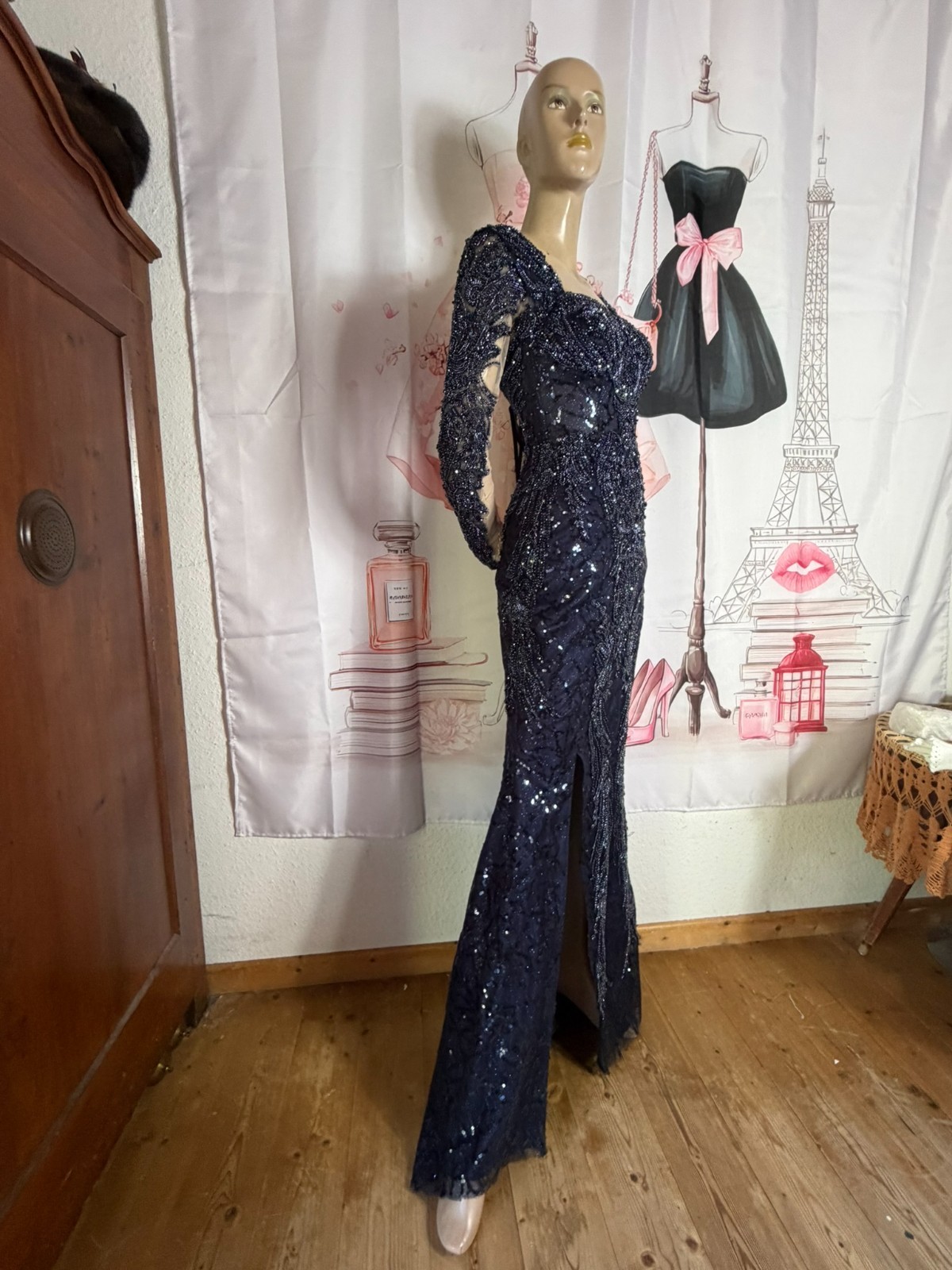 Vintage 80s 90s Mermaid Dress Gothic Wedding Beaded Evening Gown Train 32 34
