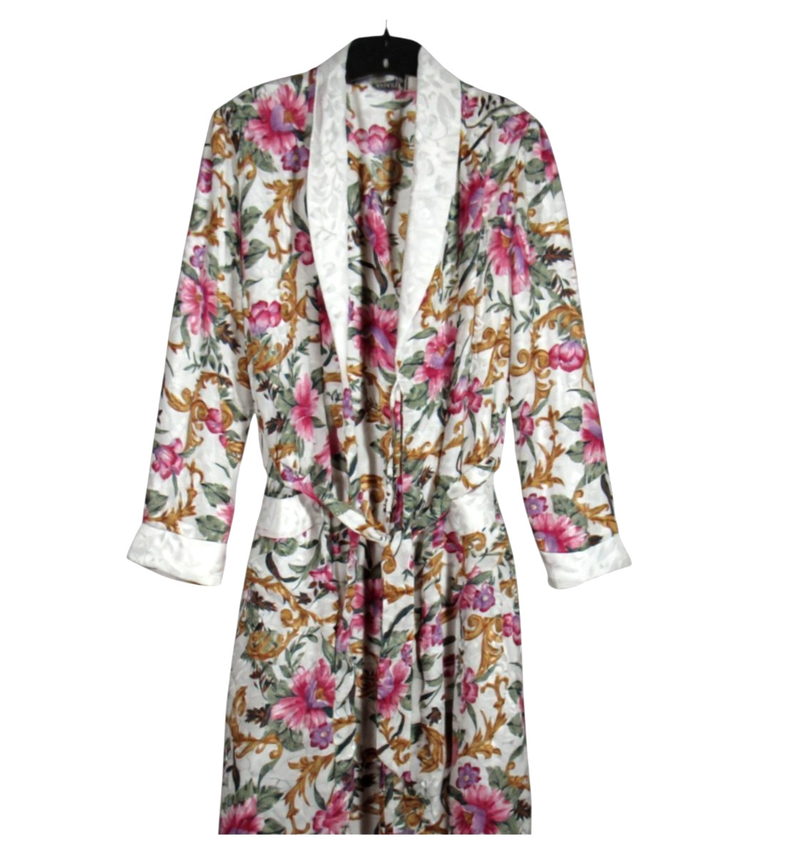 VTG TESORO White/Multi SATIN Floral BUTTON/TIE Lounge ROBE/NIGHTGOWN SET Sz XL