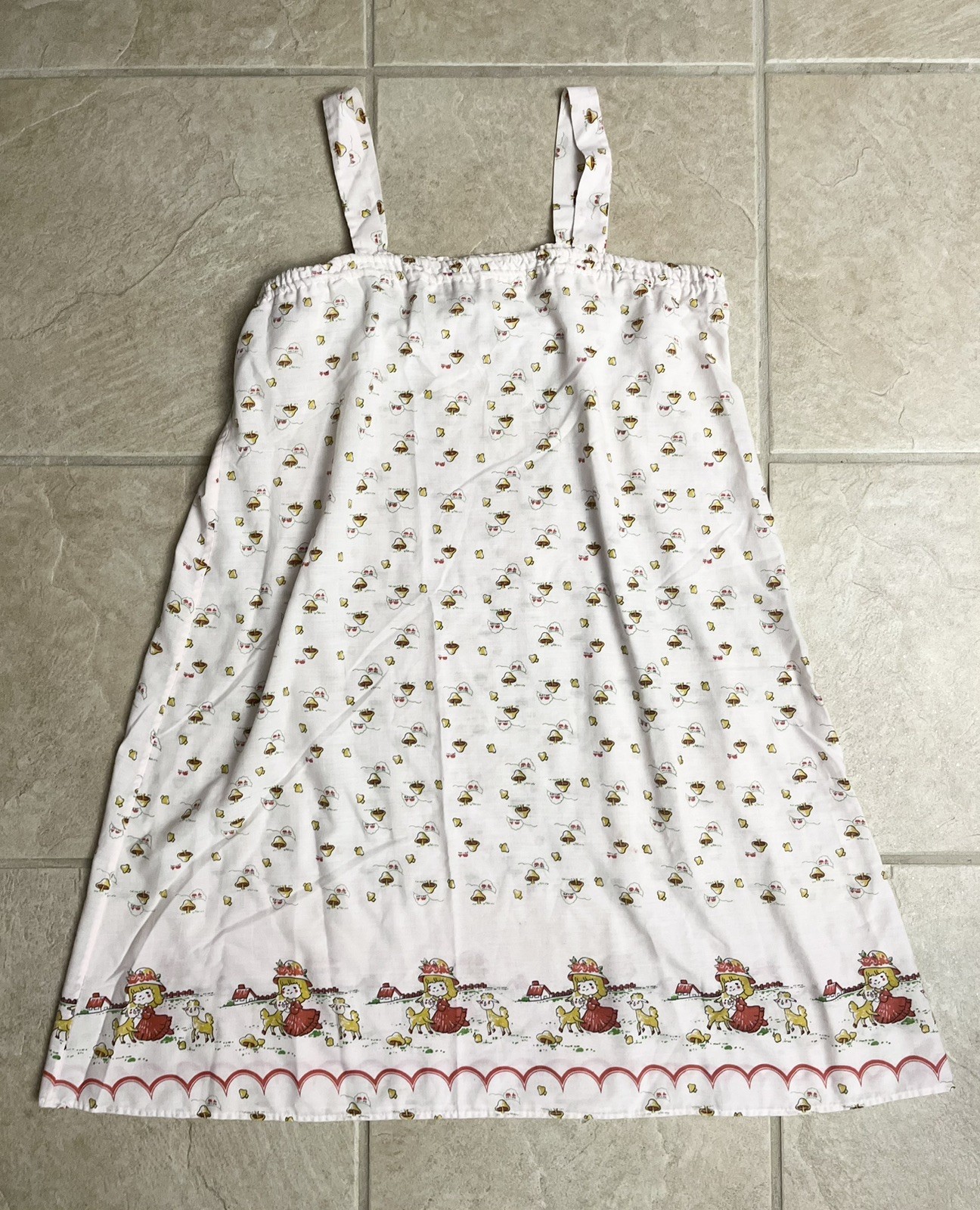 Vintage 1970s Pink Mushroom Farm Little Girl Sheep Midi Leisure Nightgown Dress