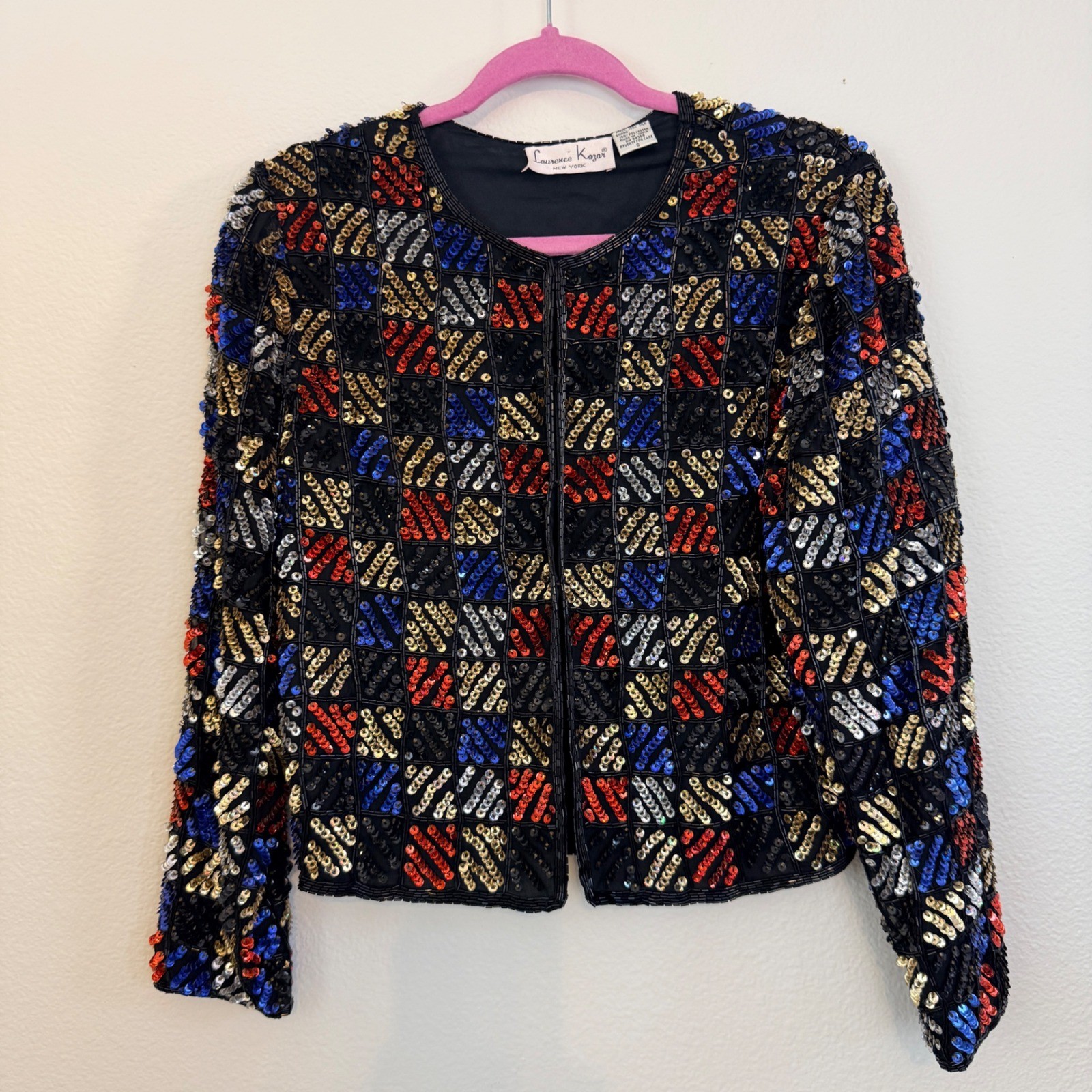 Vintage 80s Laurence Kazar Sequin Beaded Silk Jacket Black Red Blue Gold Small