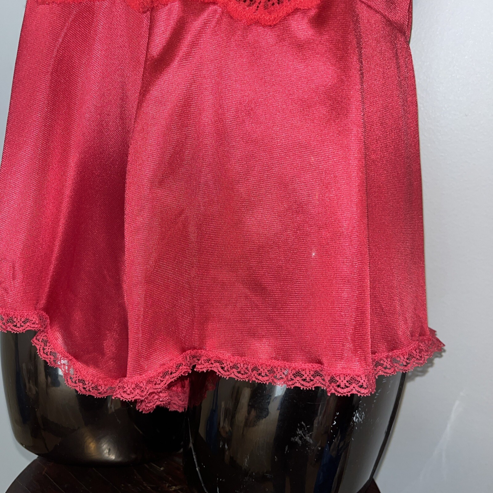 VTG Teddy Playsuit Romper Red Nylon Sheer Lace Ruffle 34 Med USA Maidenform