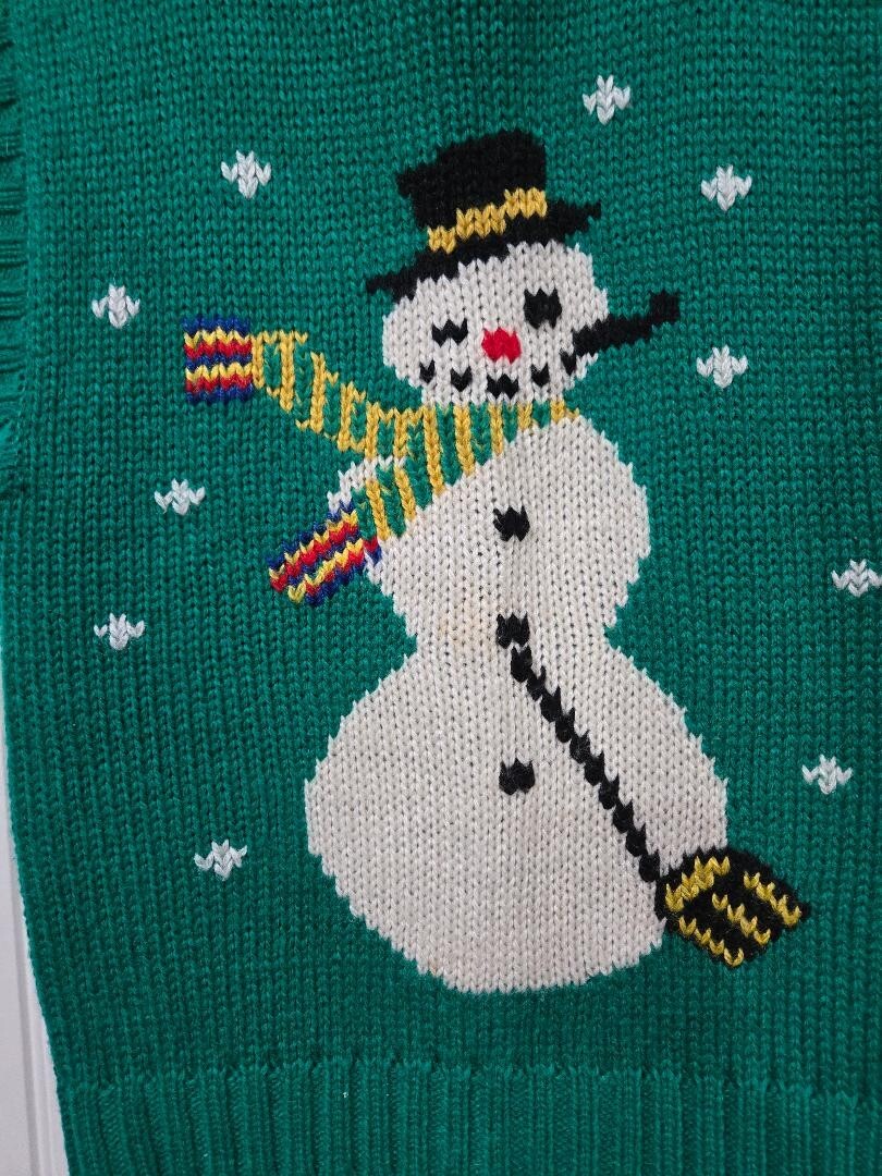 Vintage Messages Snowman Pipe Broom Scarf Winking Knitted Green Vest Size MED