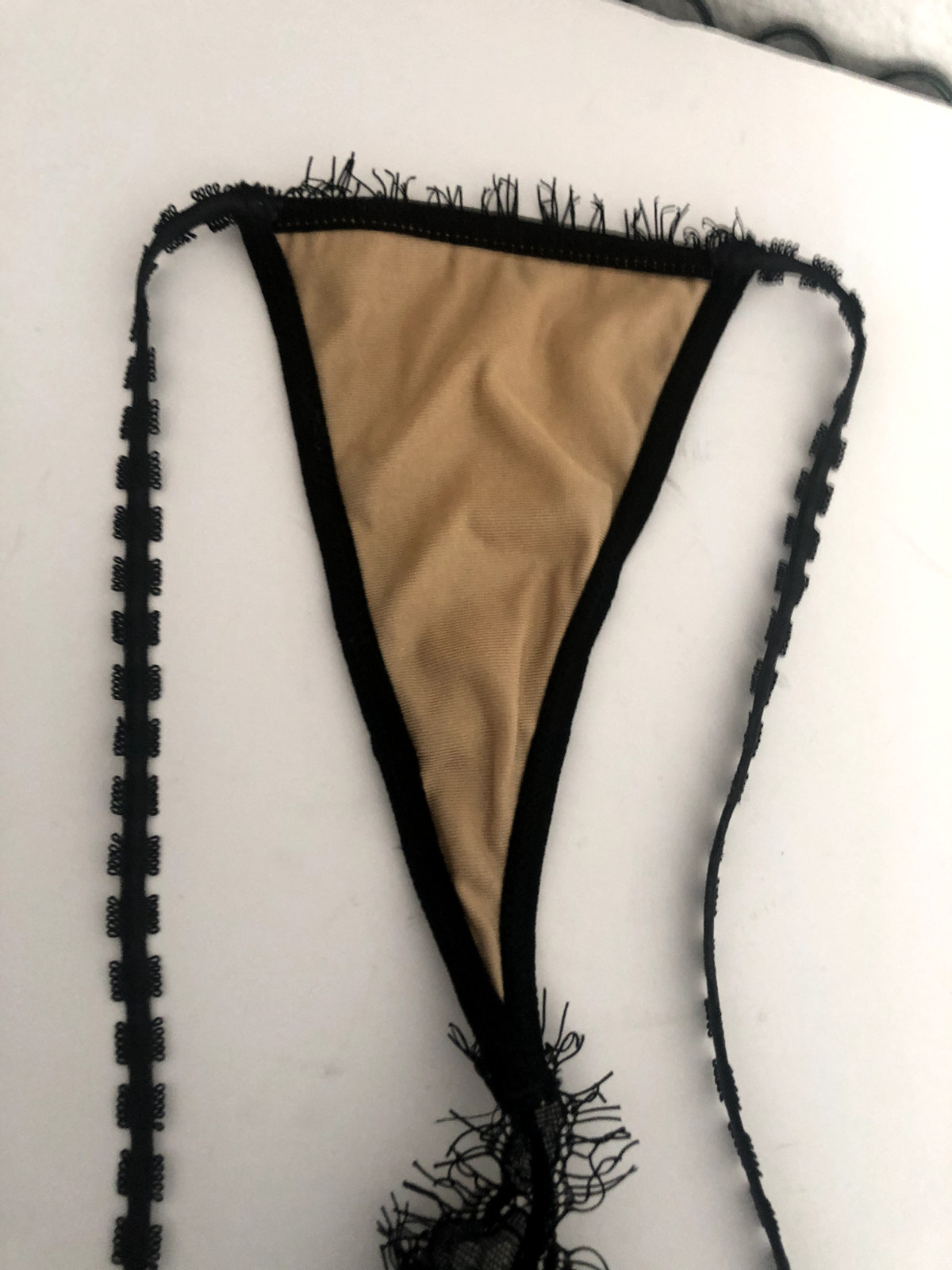 New Vtg ECLIPSE L Black Lace THONG PANTY Gold Faceted Bead Chain Beige Lined