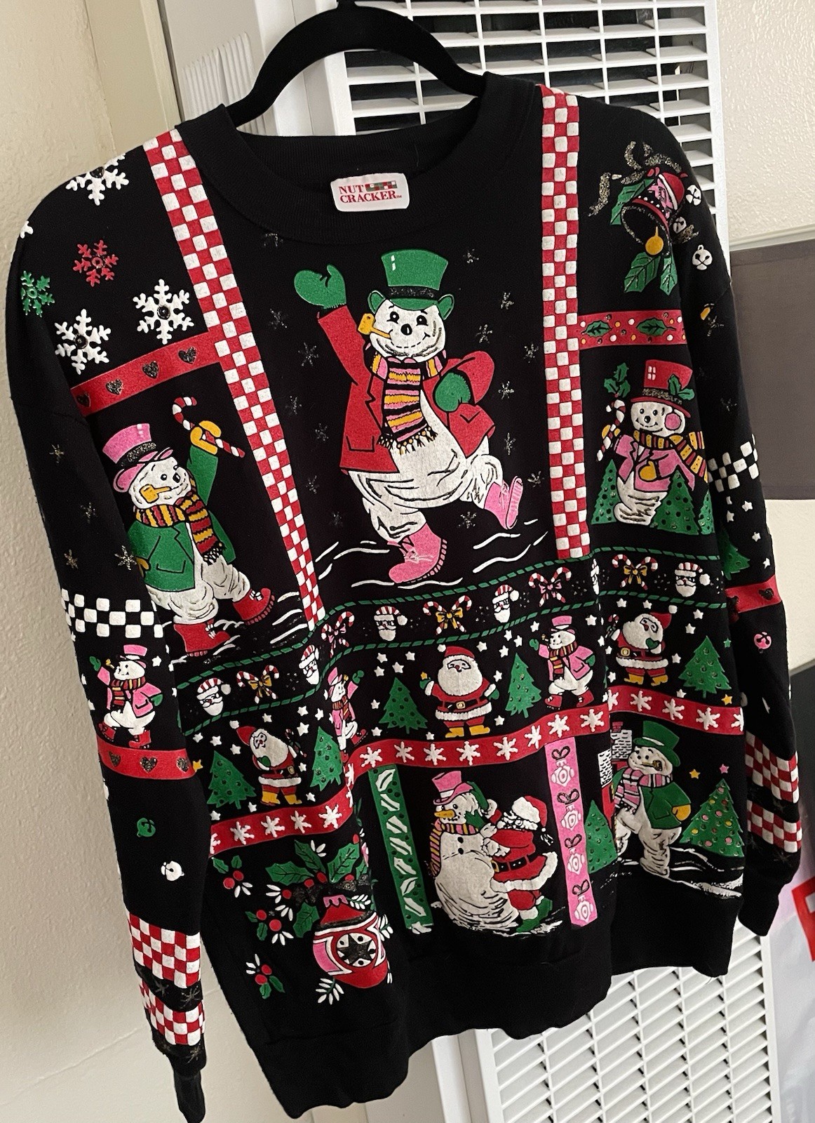 Vtg 80s L Black Christmas Holiday Puffy Paint- Sky Lite Fashion Snowman