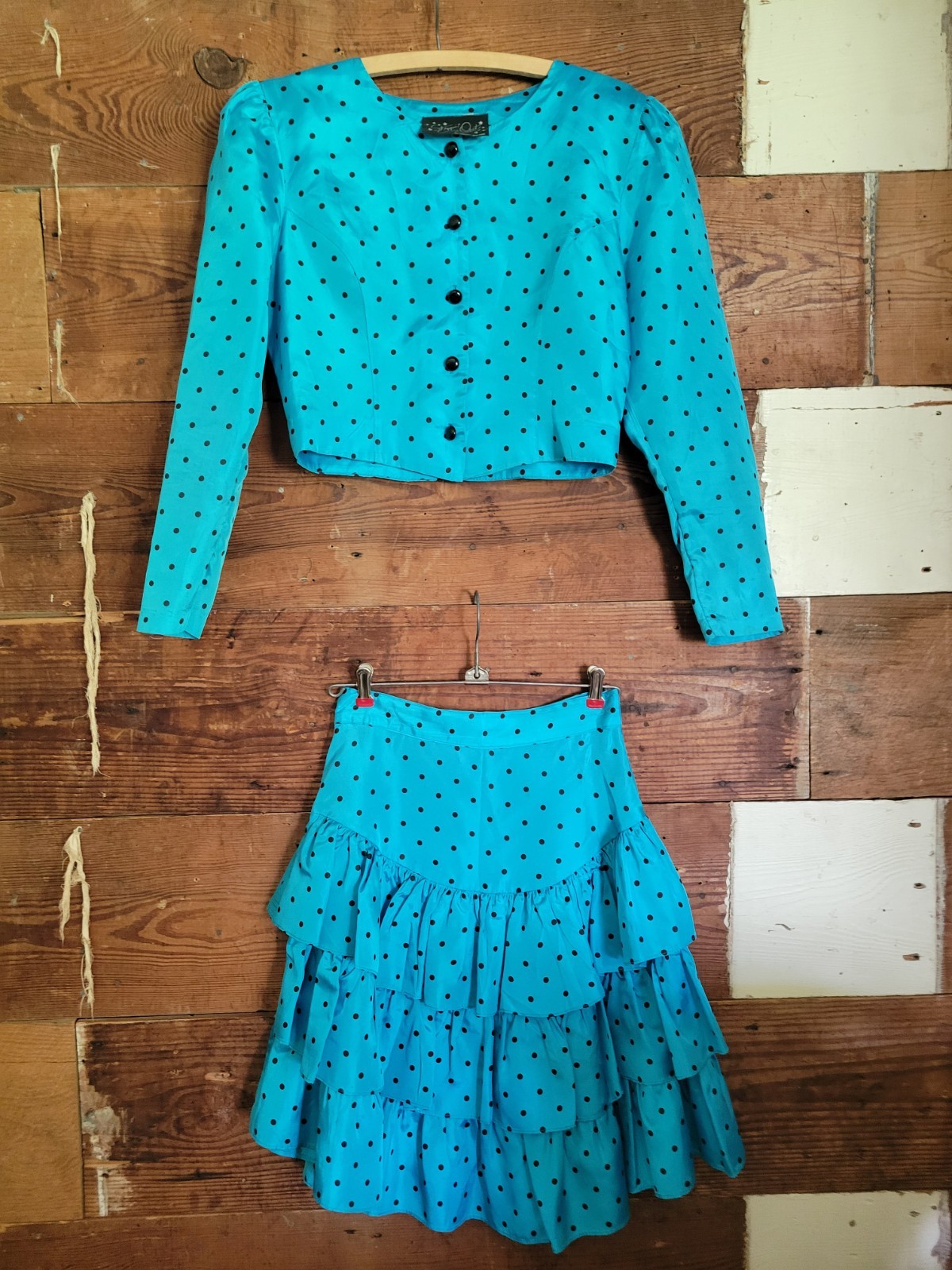 Vintage 1980s Ruffle Dress Skirt Cropped Jacket Teal Black Polka Dot Taffeta