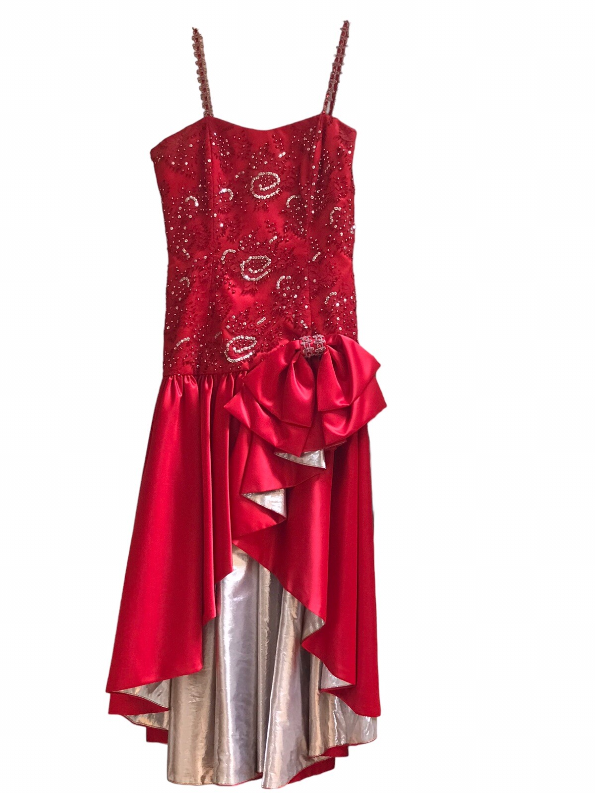 Vintage 90s Custom Handmade Red Satin Prom Evening Dress With Beads Sequin