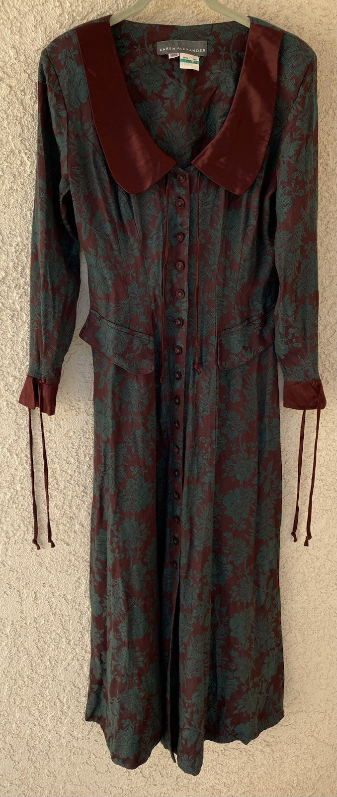 Vintage 80s 90s Karen Alexander Floral Jacquard Maxi Dress Burgundy Green USA 8