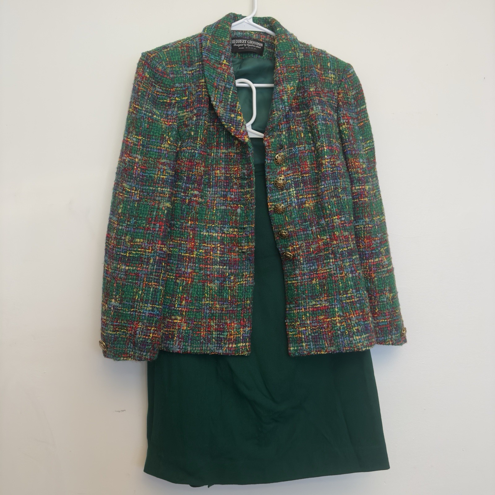Vintage 1980s Herbert Grossman Multicolor Tweed Blazer And Skirt Wool Set