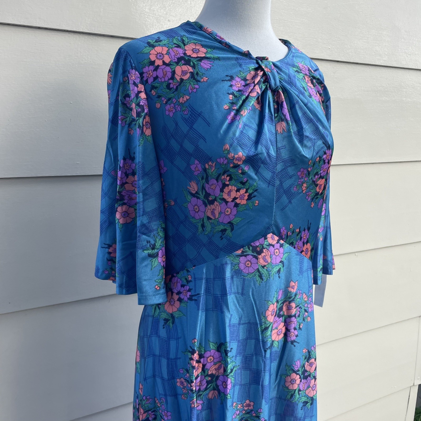 Vintage 60s Unworn size L Dress Blue Silky Maxi Long Tags Mint Fit & Flare
