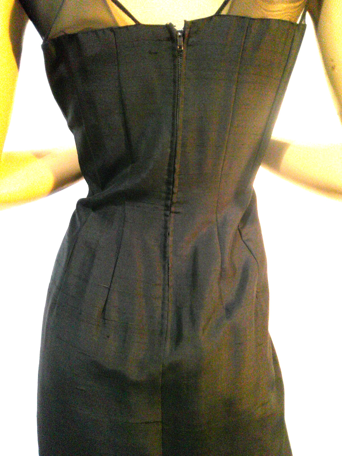 Vtg 50’s Black Raw Silk Illusion Wiggle Hourglass Pin Up Dress MINT 36-28-38