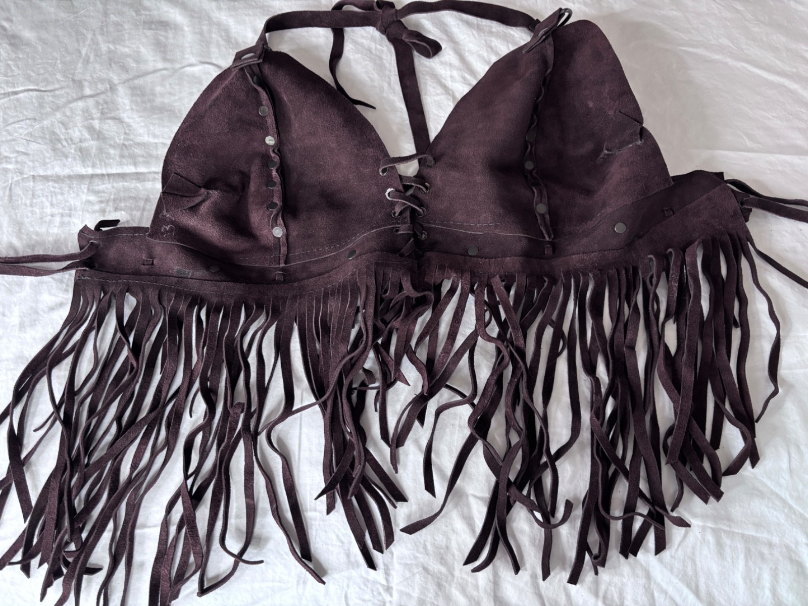 VTG Y2K DK BROWN SUEDE SILVER RIVET FRINGE HALTER CROPPED TANK TOP*S/M