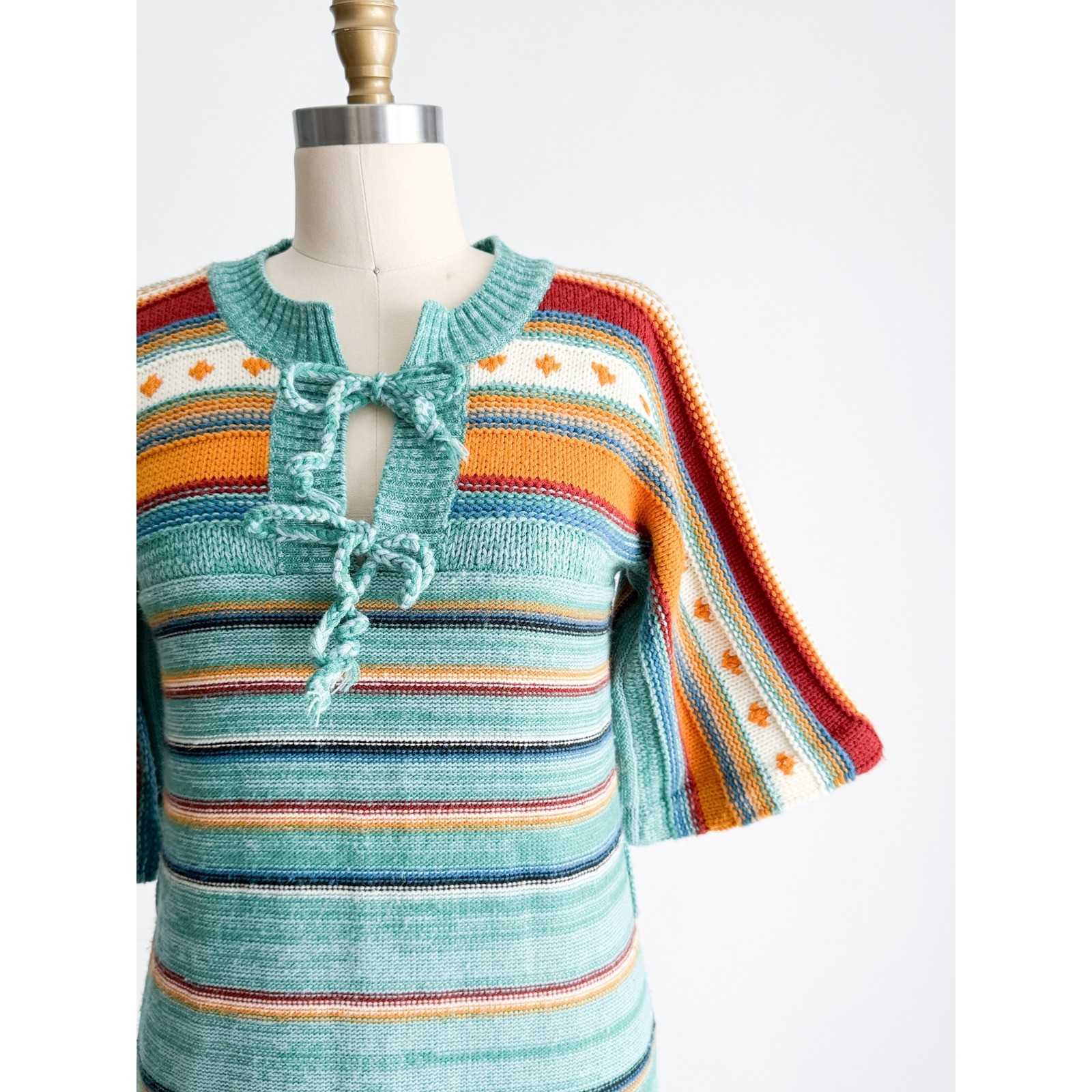 Albee Vintage 70s Knit Midi Dress Boho Striped Bell Sleeve L Teal Orange Retro